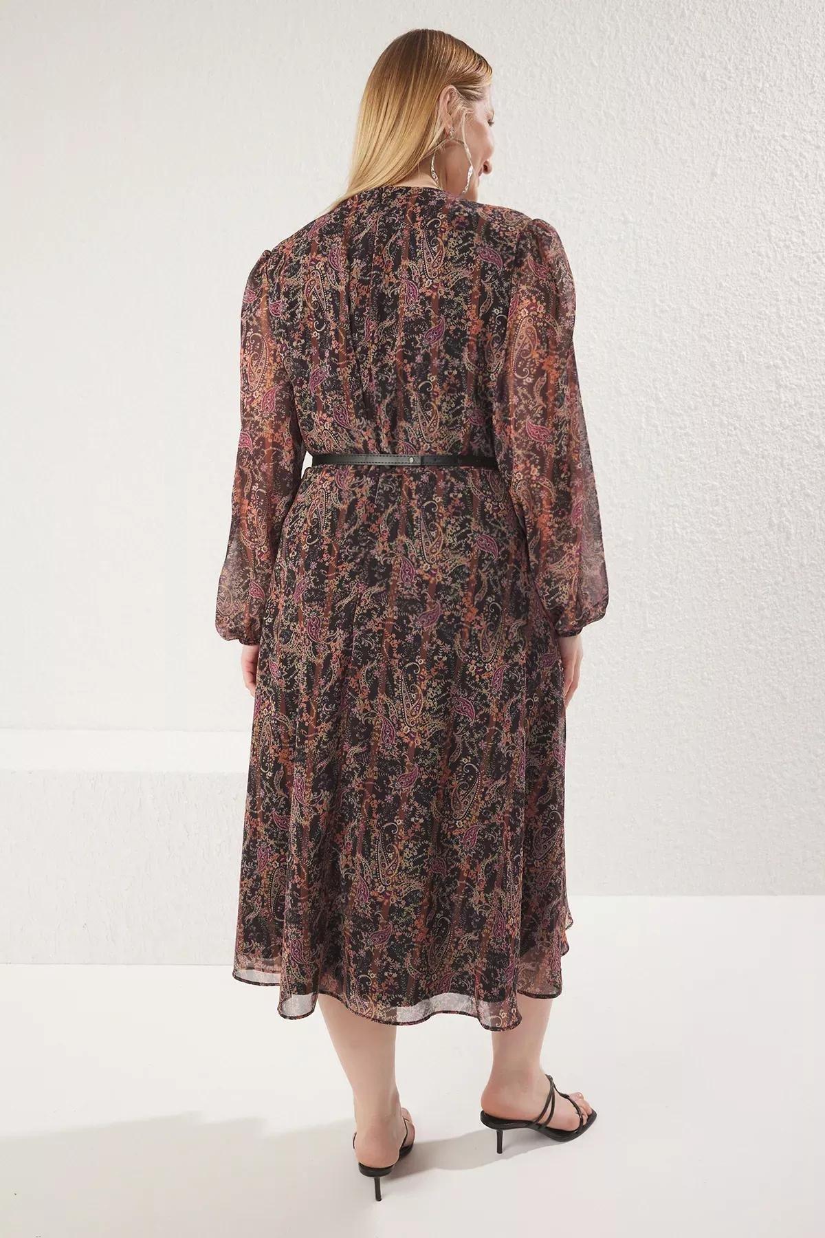 Brown floral belted A-Line dress, Brown, large image number 9