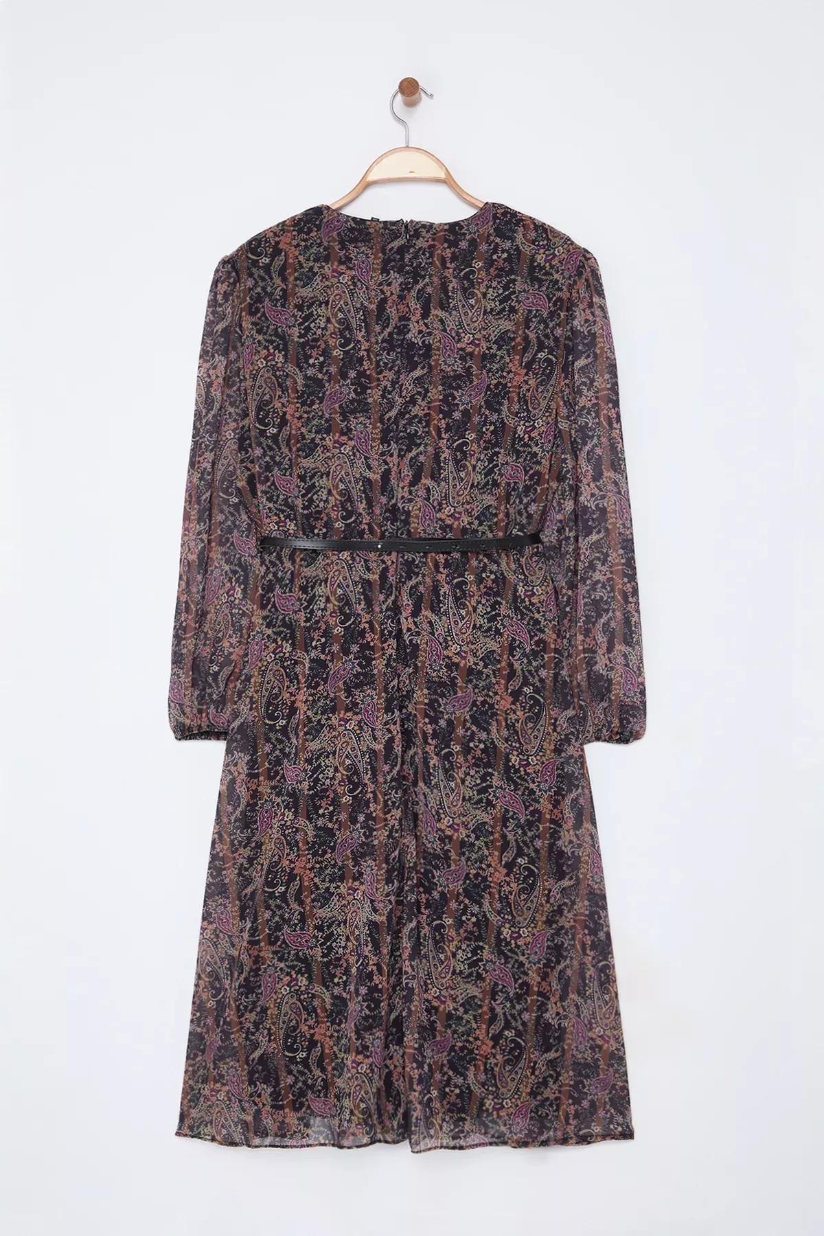 Brown floral belted A-Line dress, Brown, large image number 10