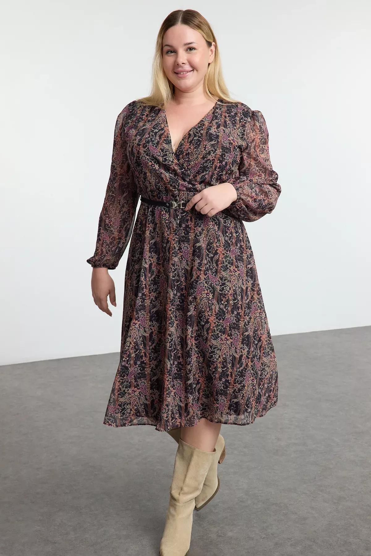 Brown floral belted A-Line dress, Brown, large image number 11