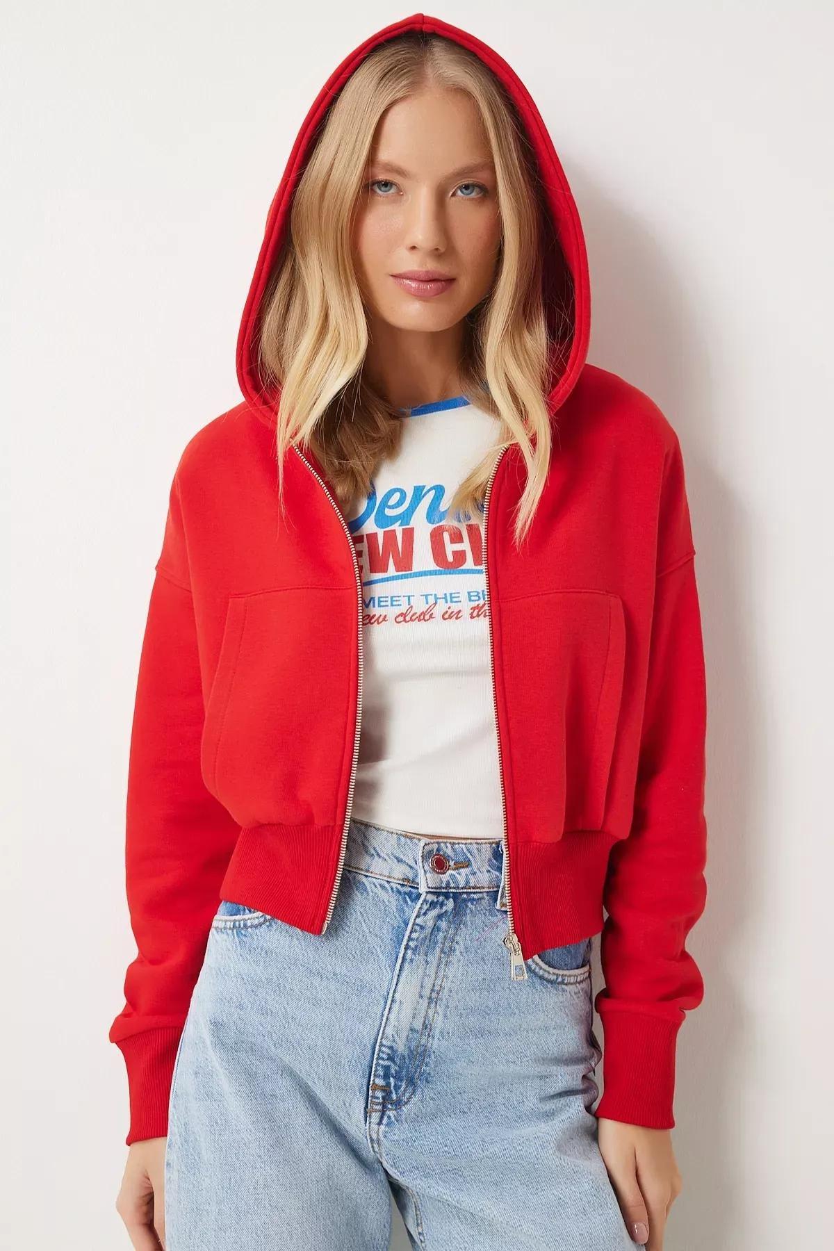 Red Hooded Zippered Sweatshirt, Red, large image number 0