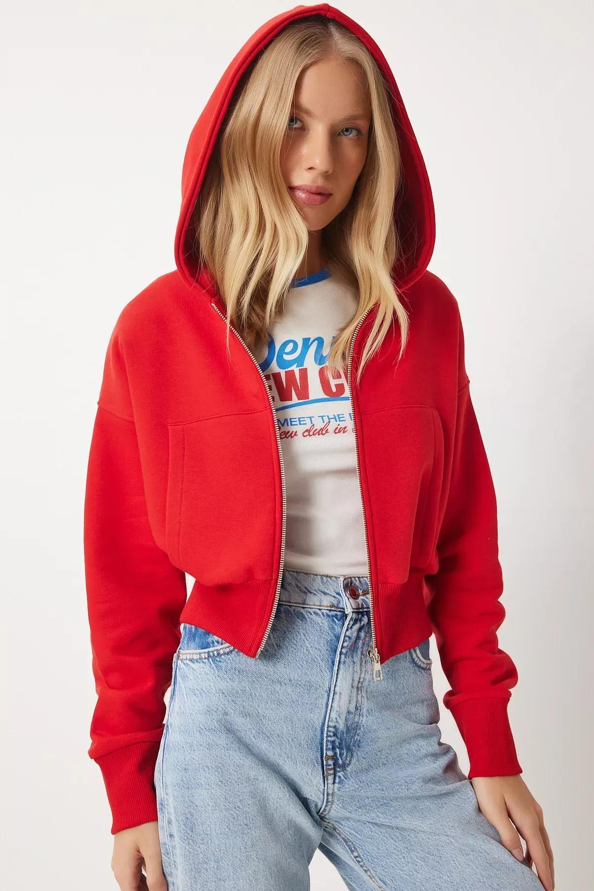 Red Hooded Zippered Sweatshirt, Red, large image number 1