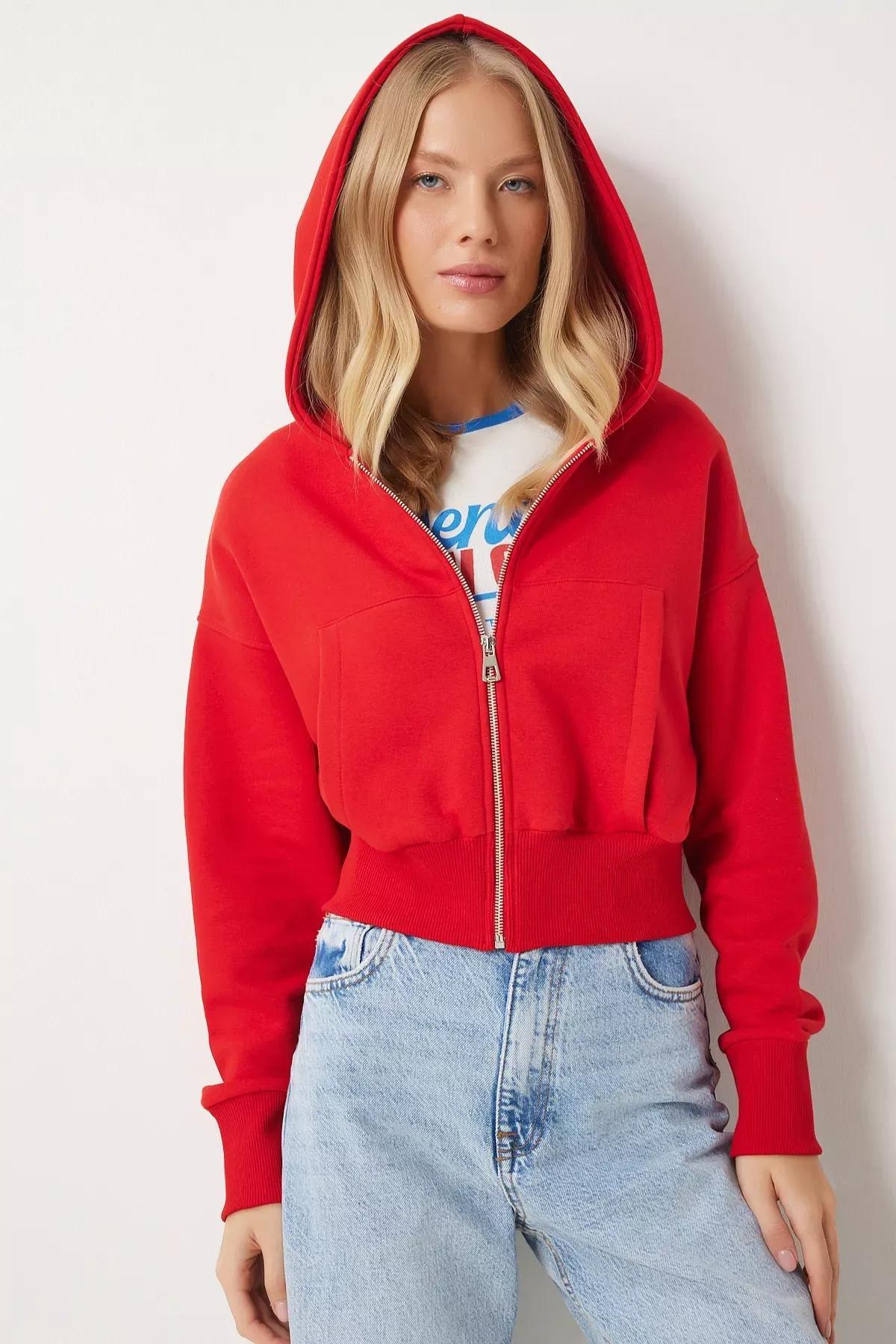 Red Hooded Zippered Sweatshirt, Red, large image number 2