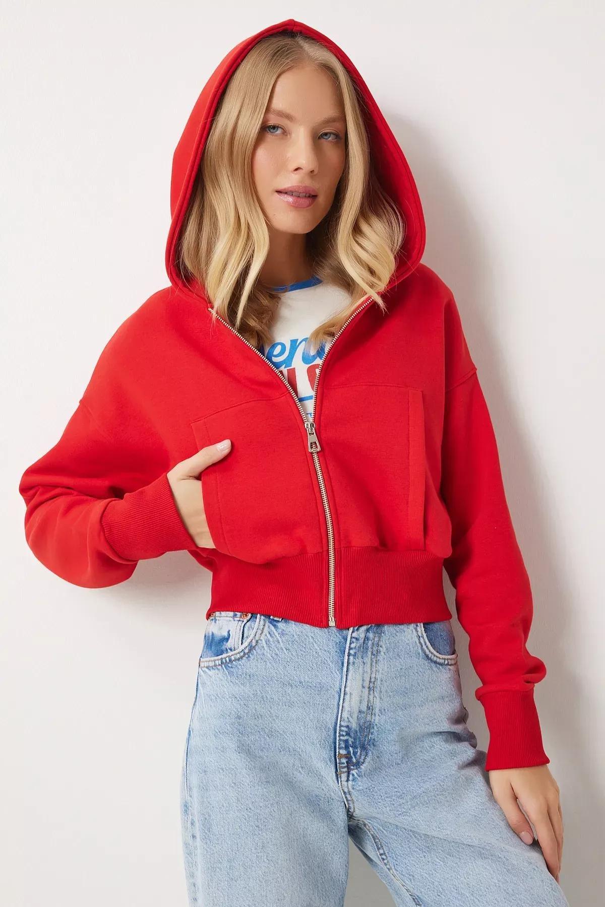 Red Hooded Zippered Sweatshirt, Red, large image number 3