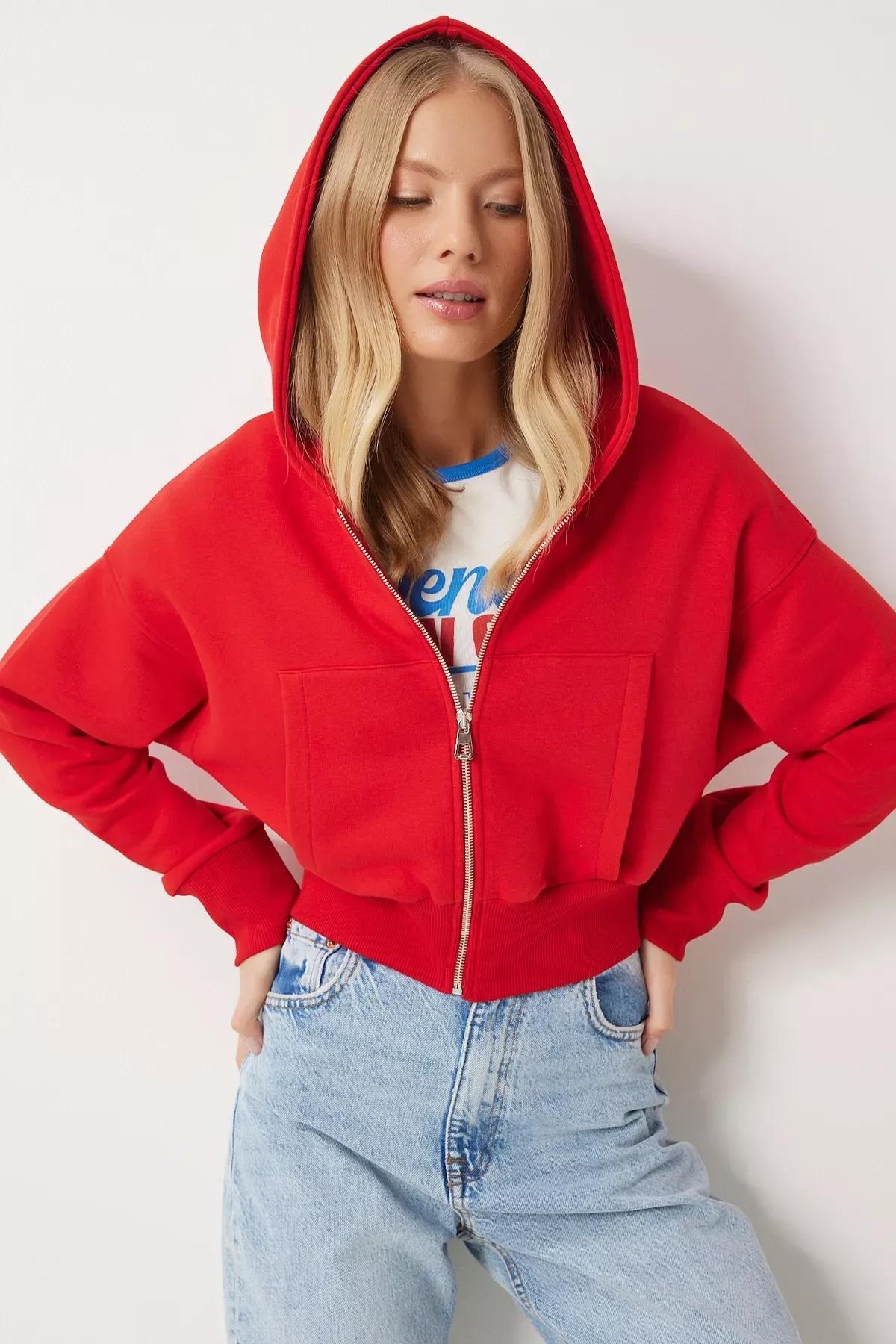 Red Hooded Zippered Sweatshirt, Red, large image number 4