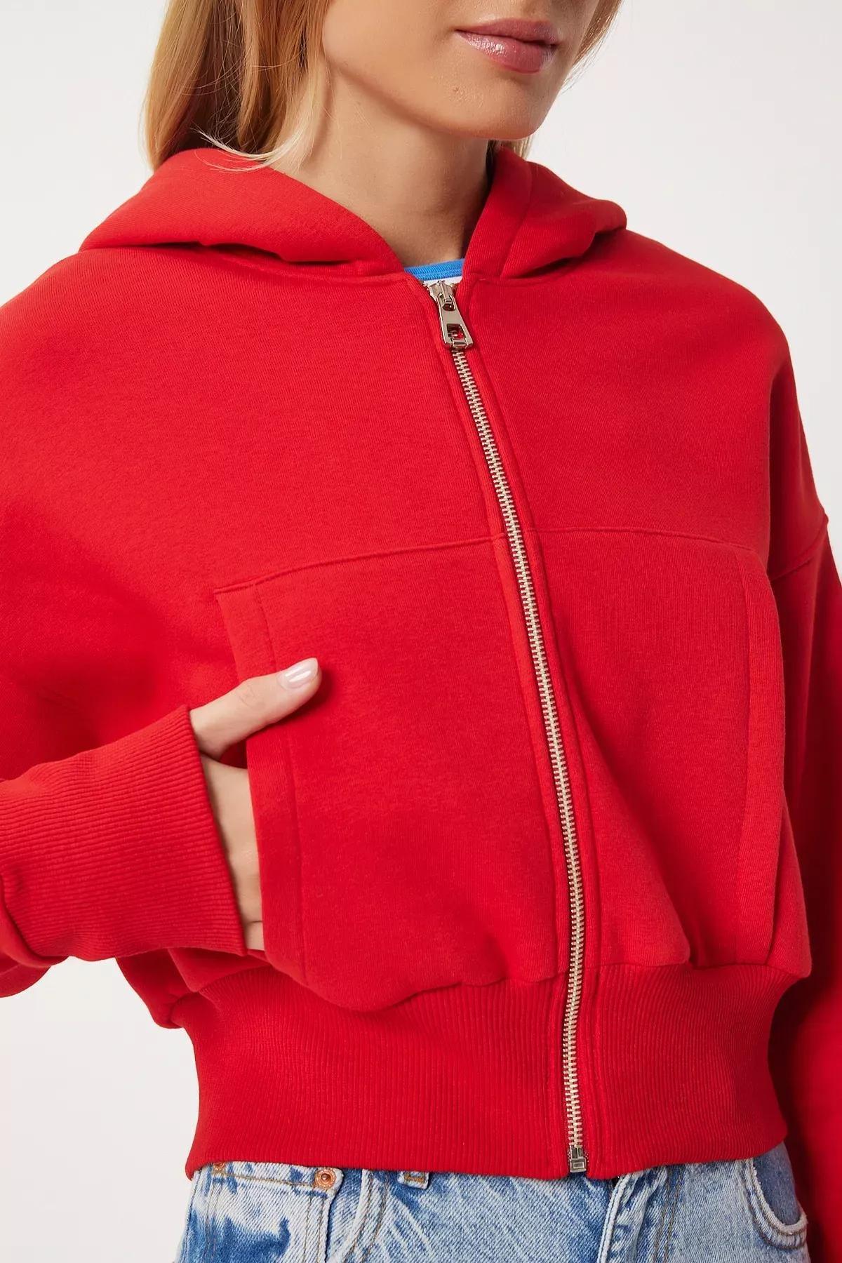 Red Hooded Zippered Sweatshirt, Red, large image number 5