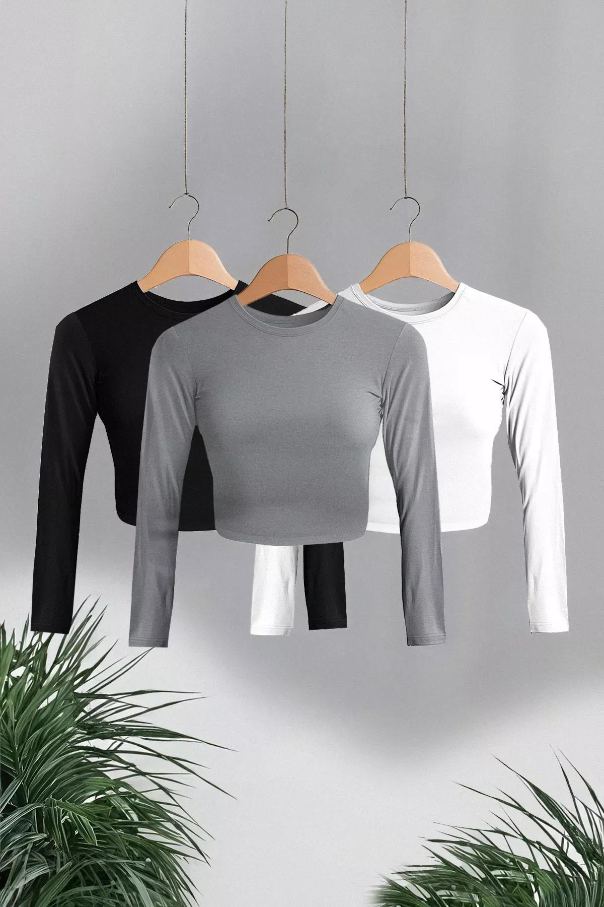Black White Grey Knit Blouse Set of 3, Grey-Black-White, large image number 0