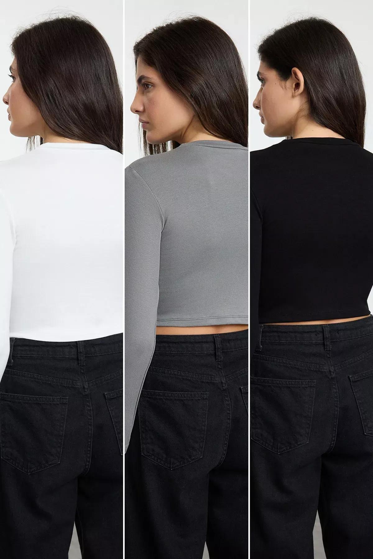 Black White Grey Knit Blouse Set of 3, Grey-Black-White, large image number 5