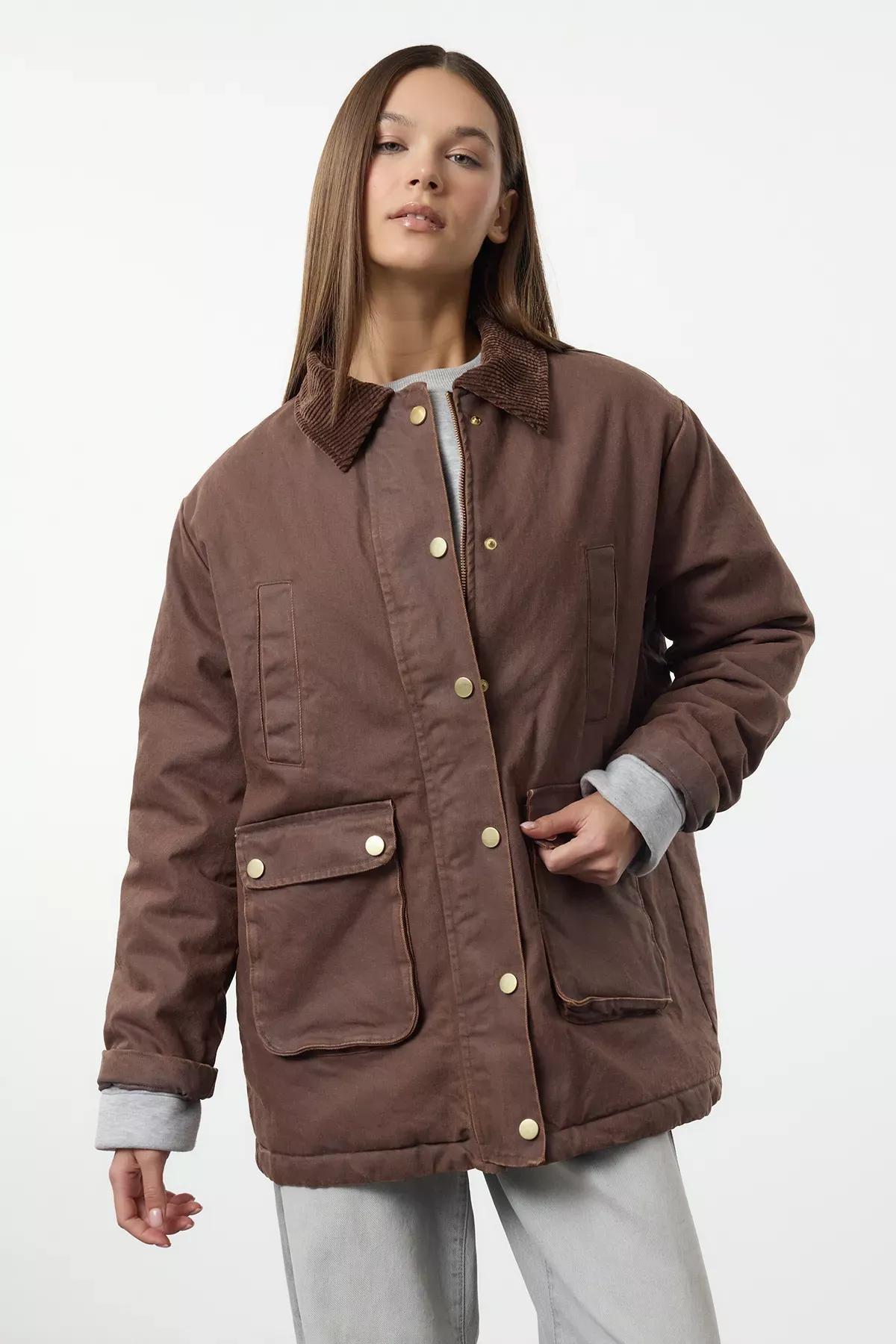 Brown Waxed Gabardine Velvet Lined Jacket, , large image number 0
