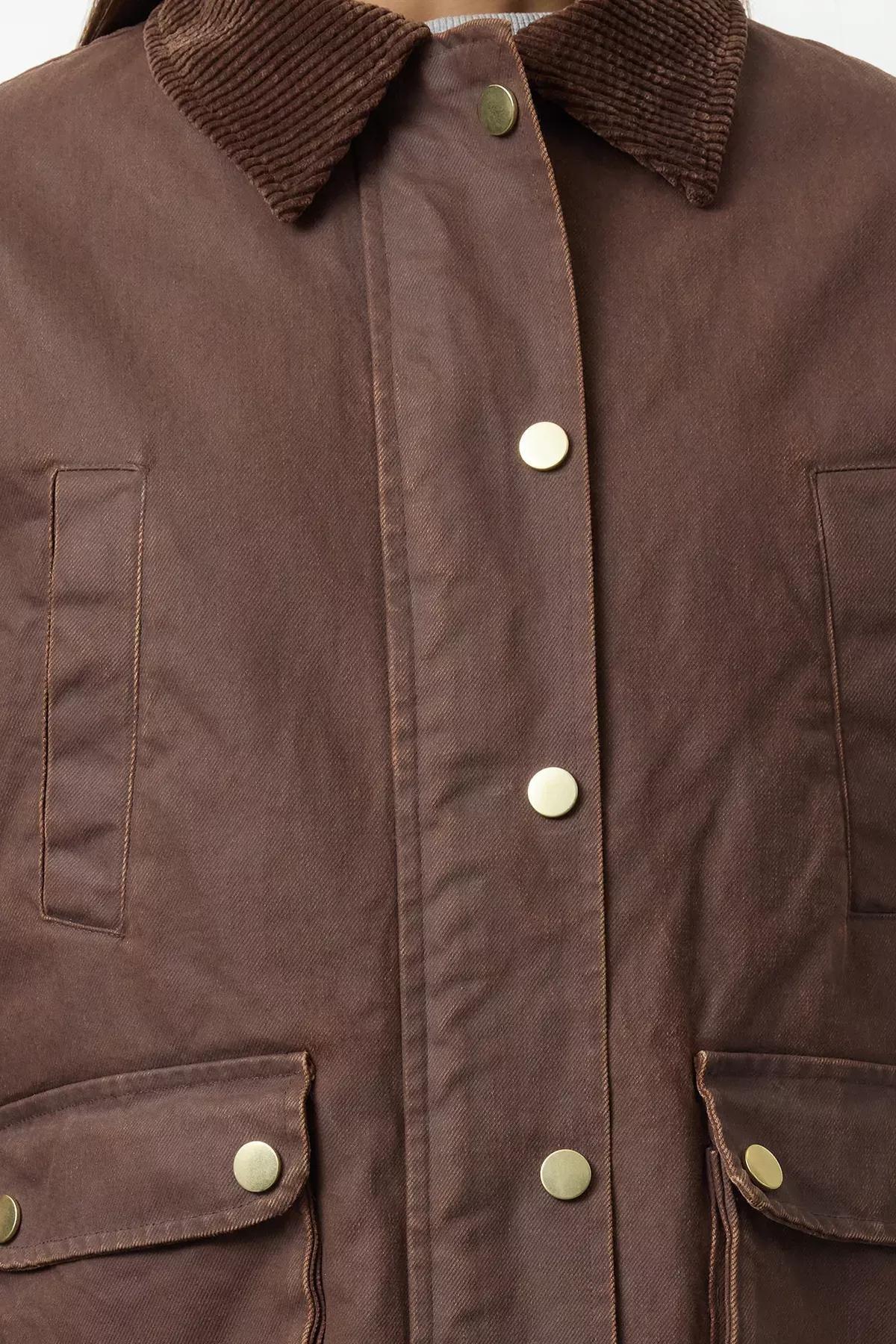 Brown Waxed Gabardine Velvet Lined Jacket, , large image number 2