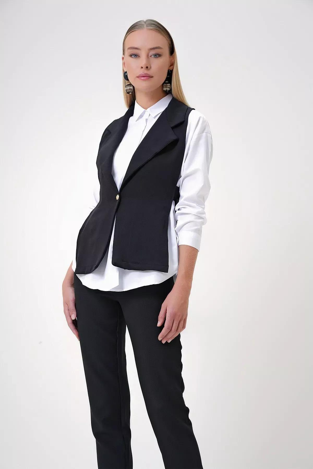 Black Side Laced Vest Shirt Set, BLACK, large image number 0