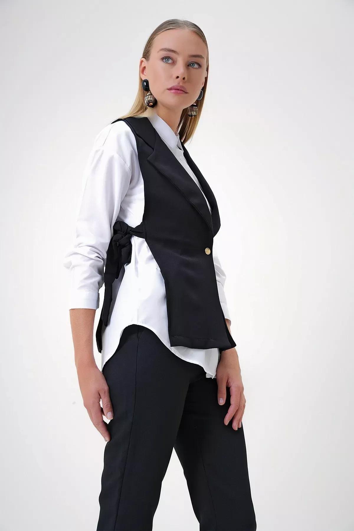 Black Side Laced Vest Shirt Set, BLACK, large image number 1