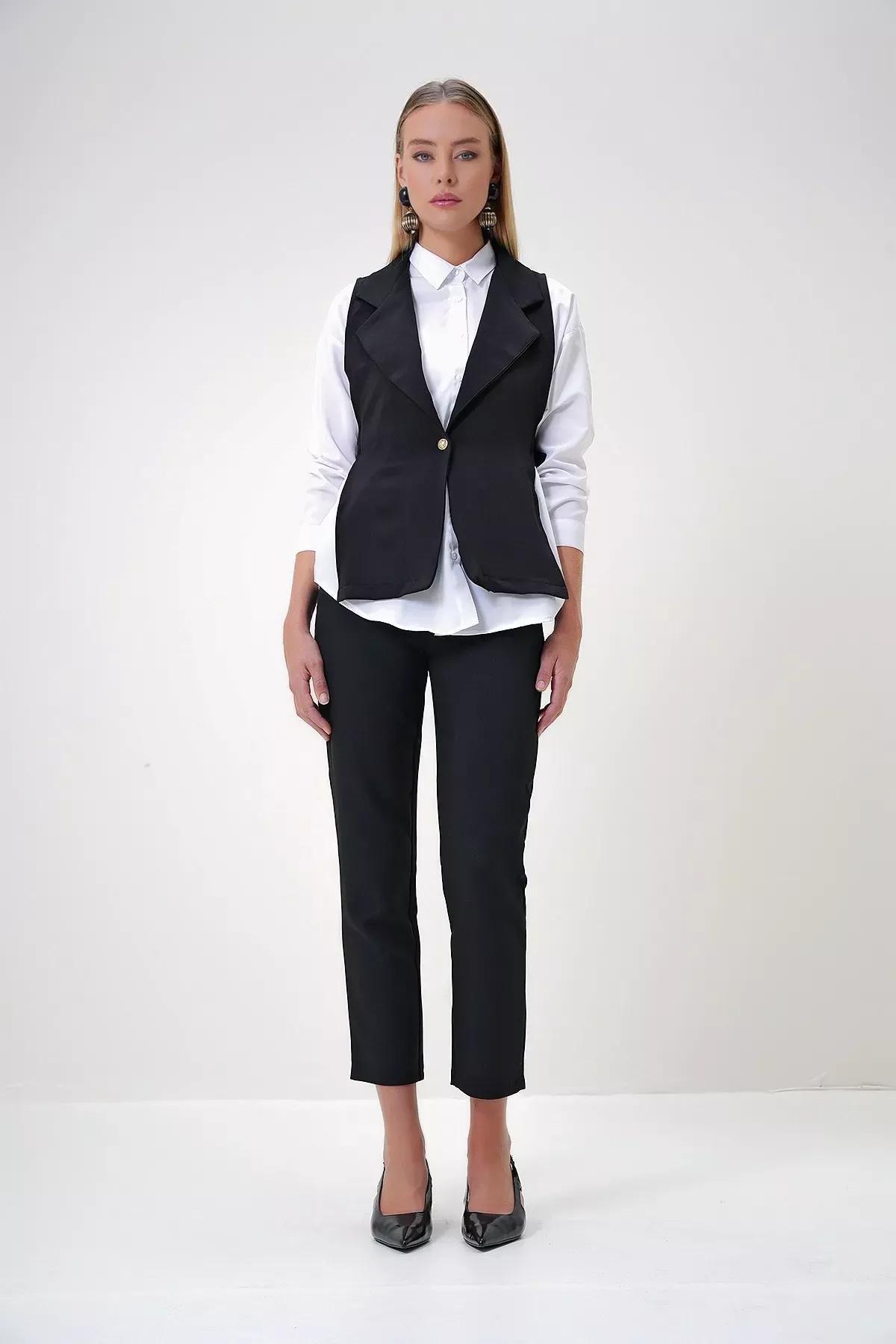 Black Side Laced Vest Shirt Set, BLACK, large image number 2