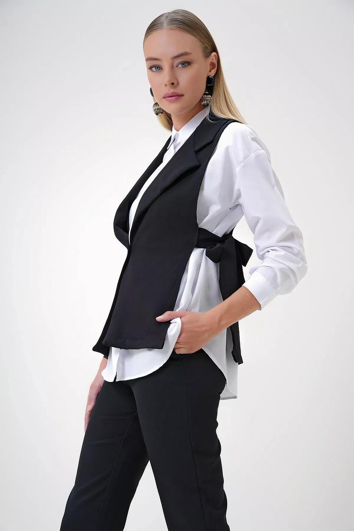 Black Side Laced Vest Shirt Set, BLACK, large image number 3