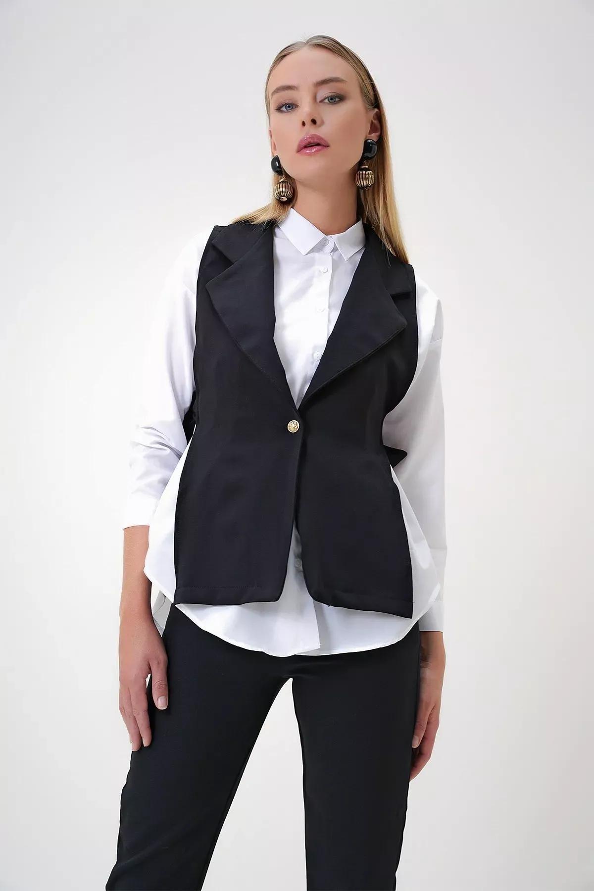 Black Side Laced Vest Shirt Set, BLACK, large image number 4