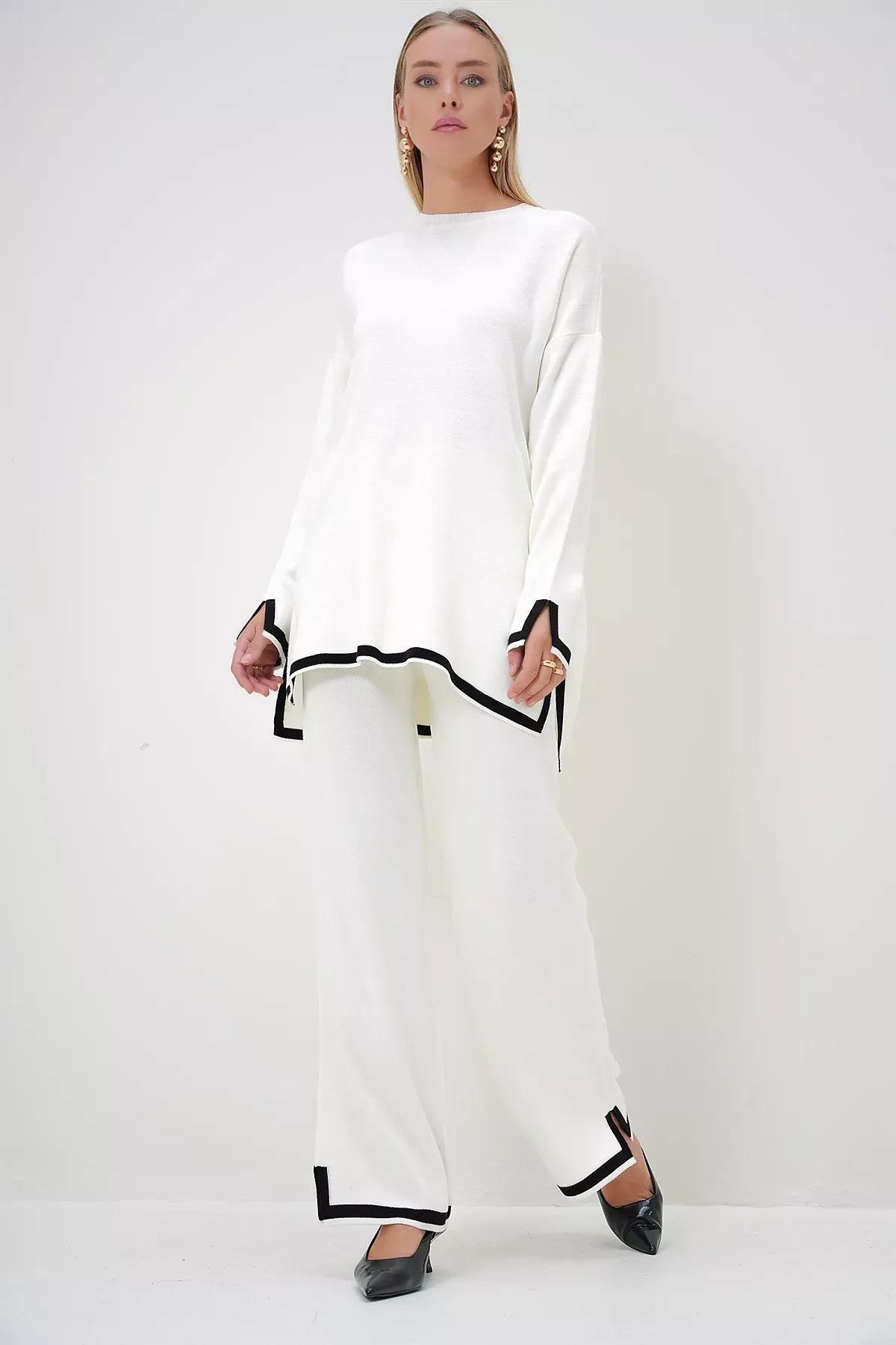 Beige Stripe Knit Tunic Trouser Set, Beige, large image number 0