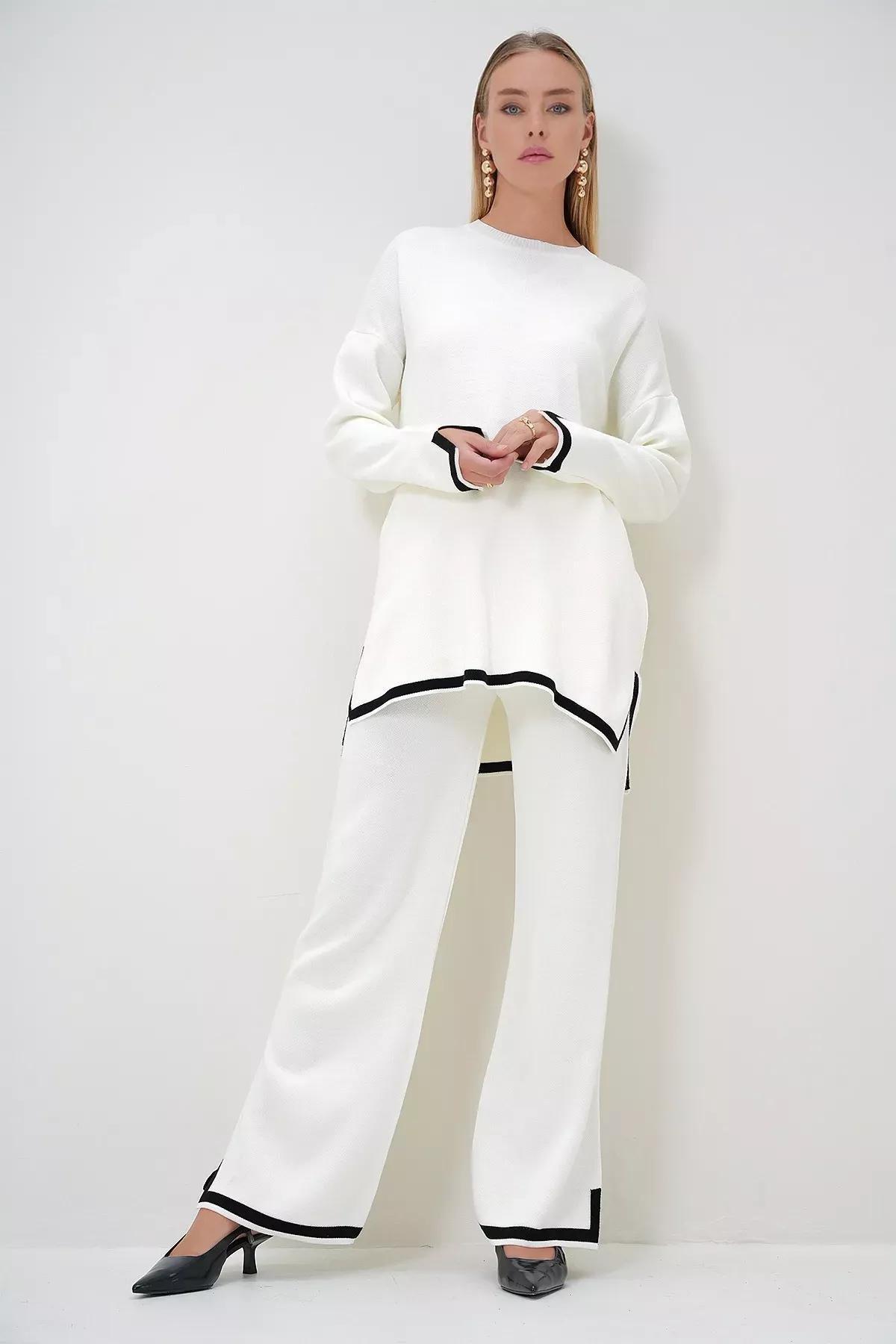 Beige Stripe Knit Tunic Trouser Set, Beige, large image number 1