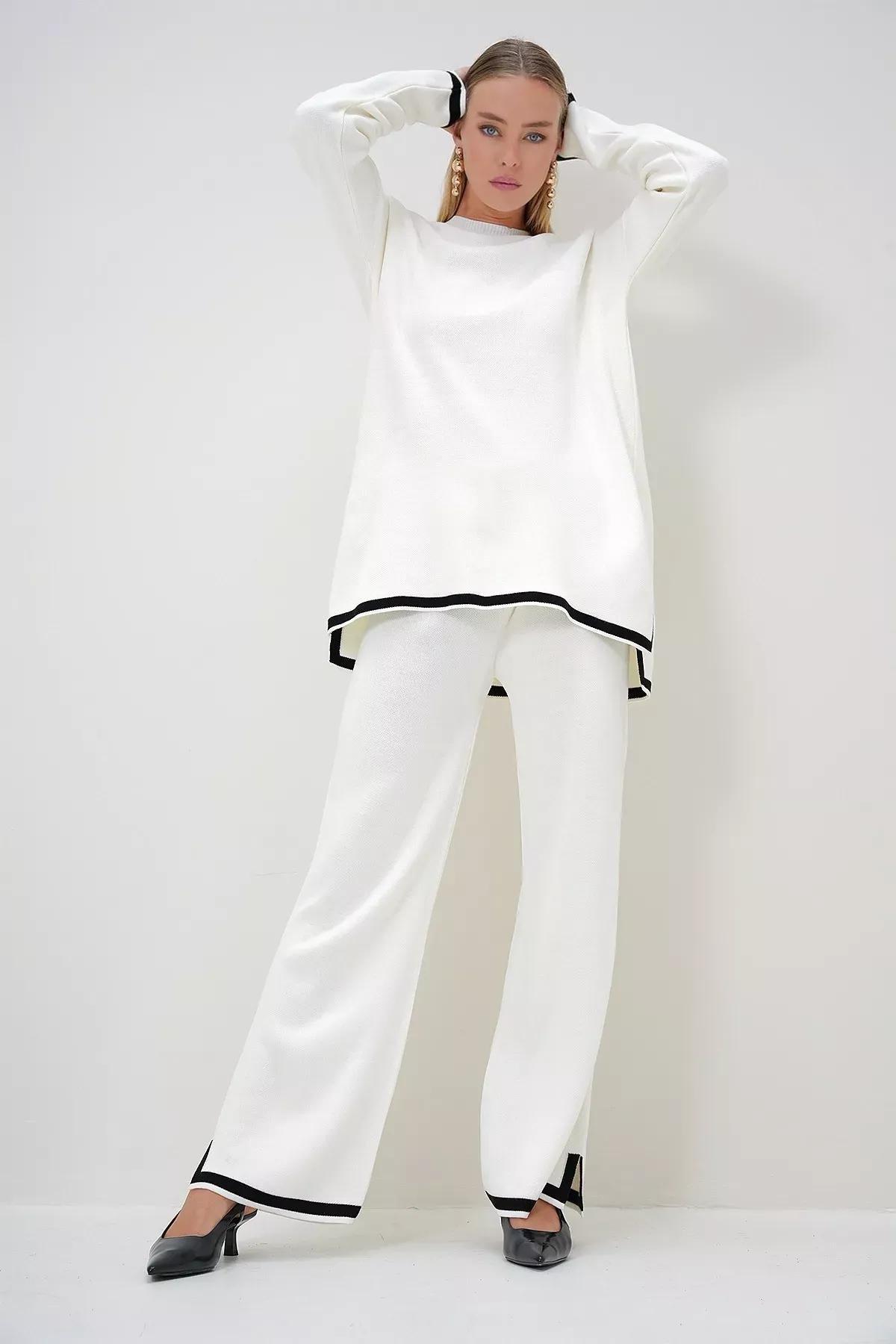 Beige Stripe Knit Tunic Trouser Set, Beige, large image number 2