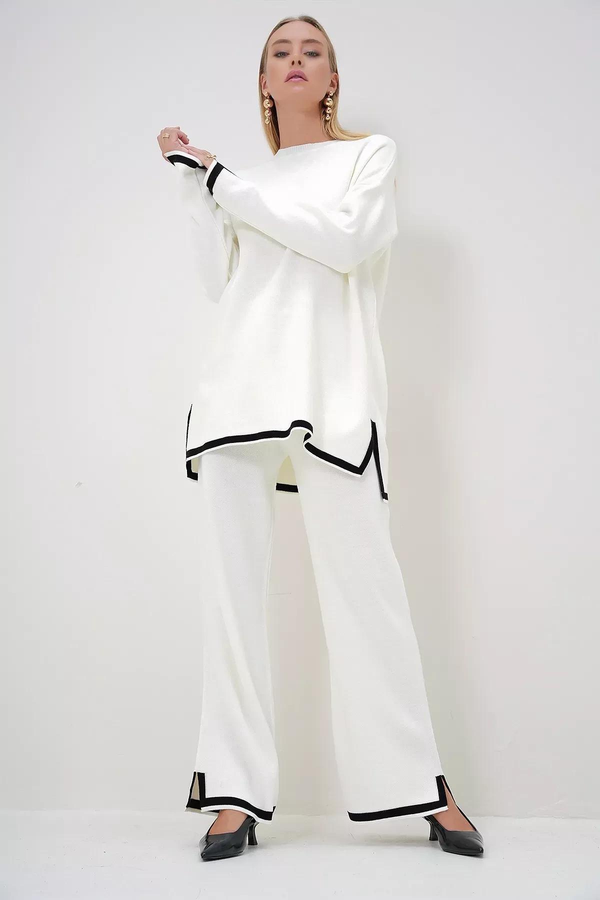 Beige Stripe Knit Tunic Trouser Set, Beige, large image number 3