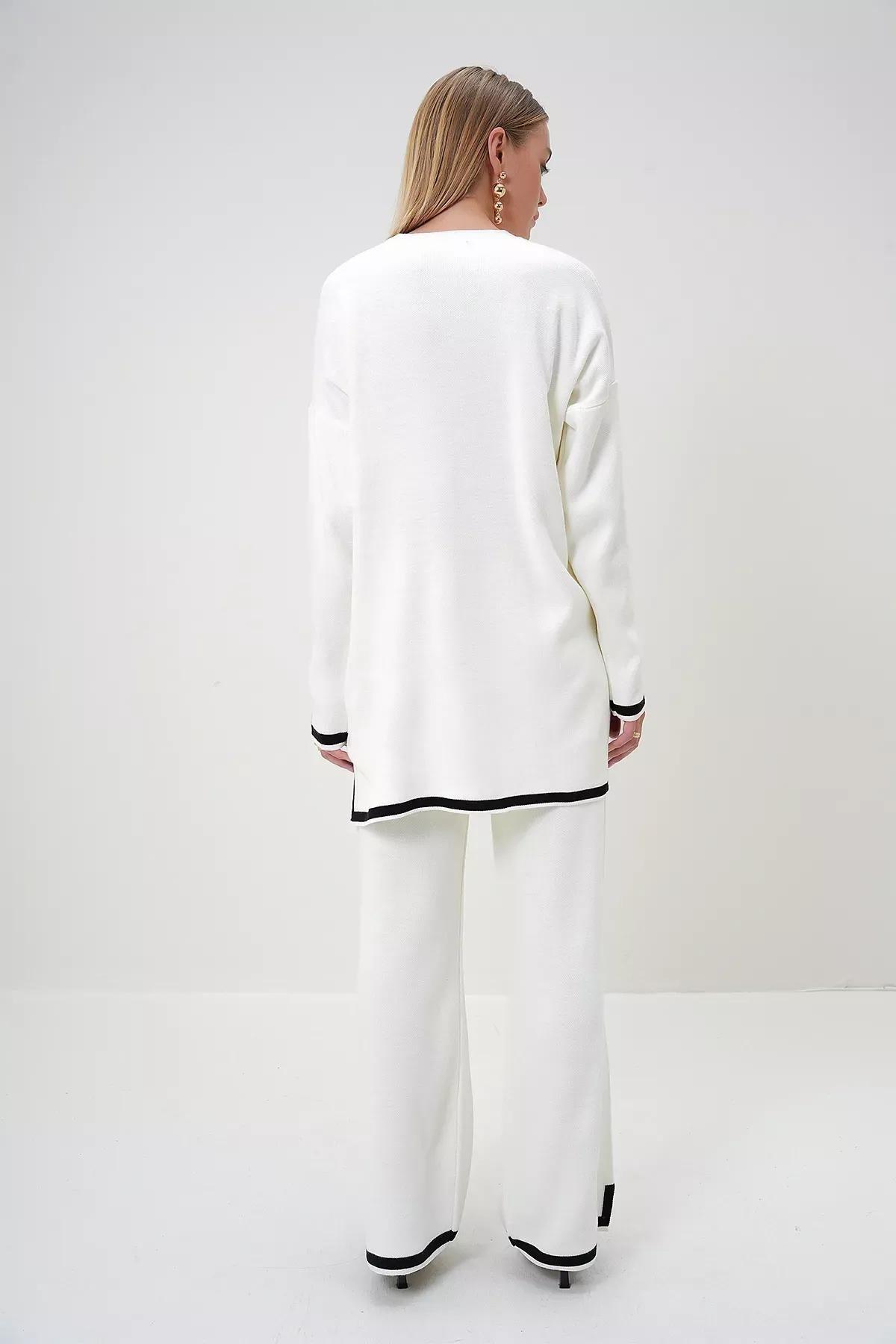 Beige Stripe Knit Tunic Trouser Set, Beige, large image number 4