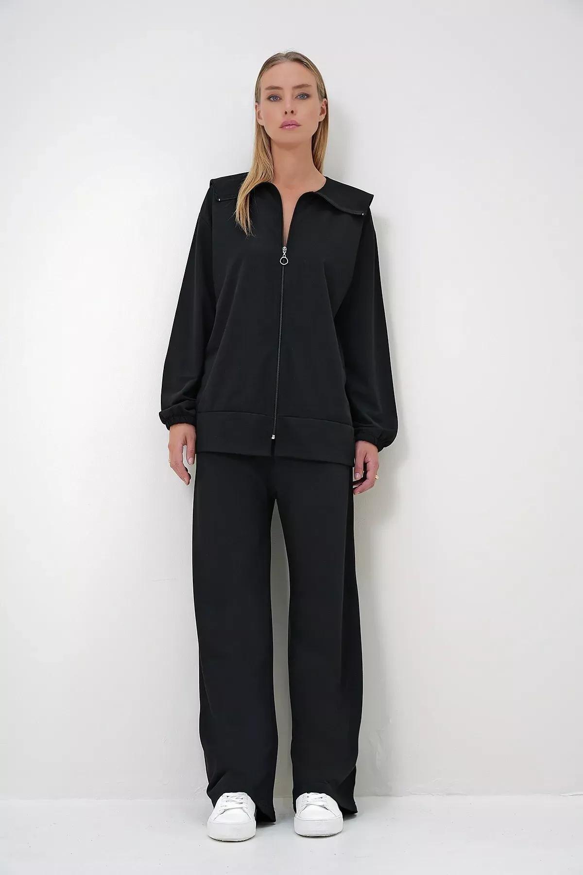 Black polo collar jacket set, , large image number 0
