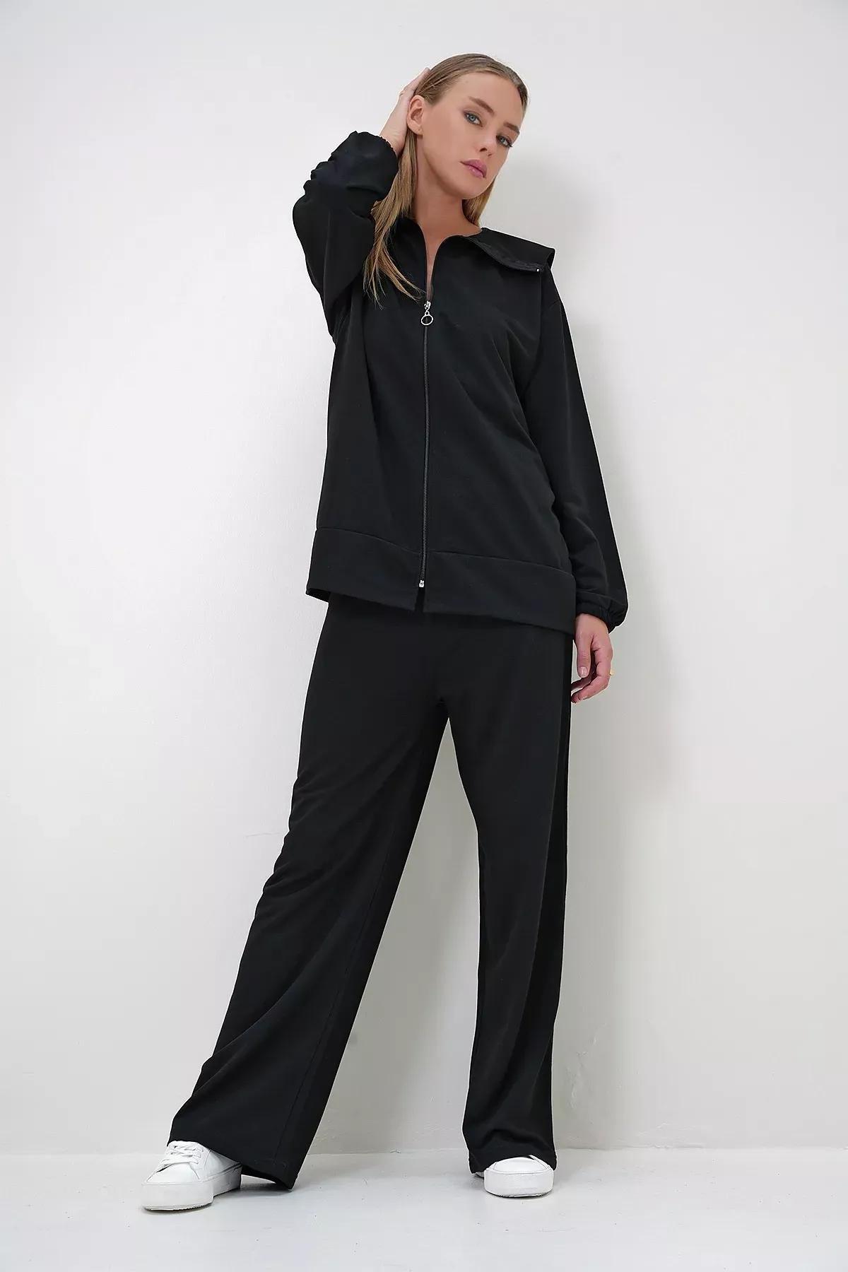 Black polo collar jacket set, , large image number 1