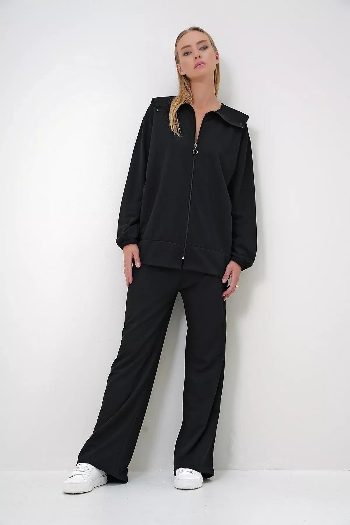 Black polo collar jacket set, , large image number 2