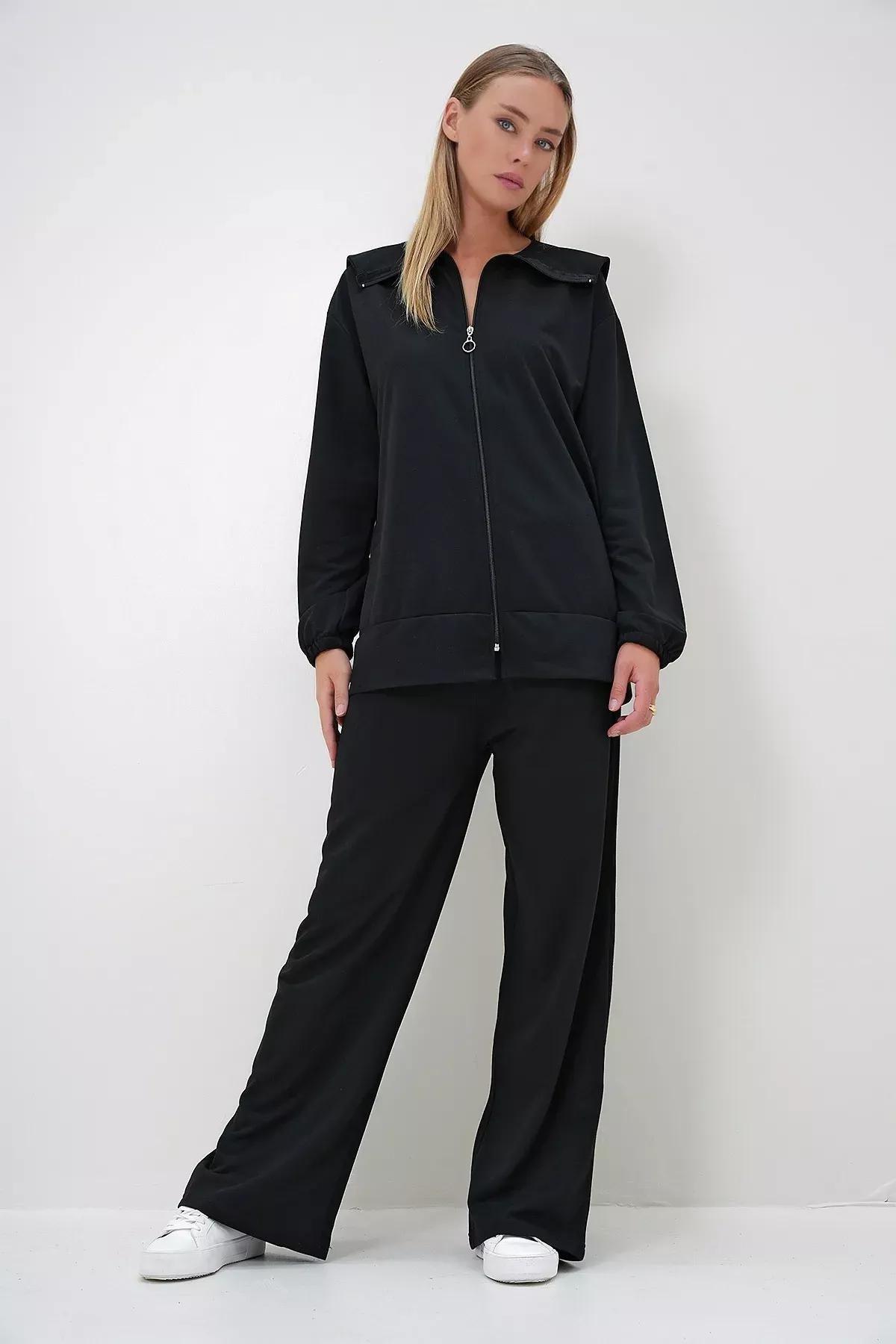 Black polo collar jacket set, , large image number 4