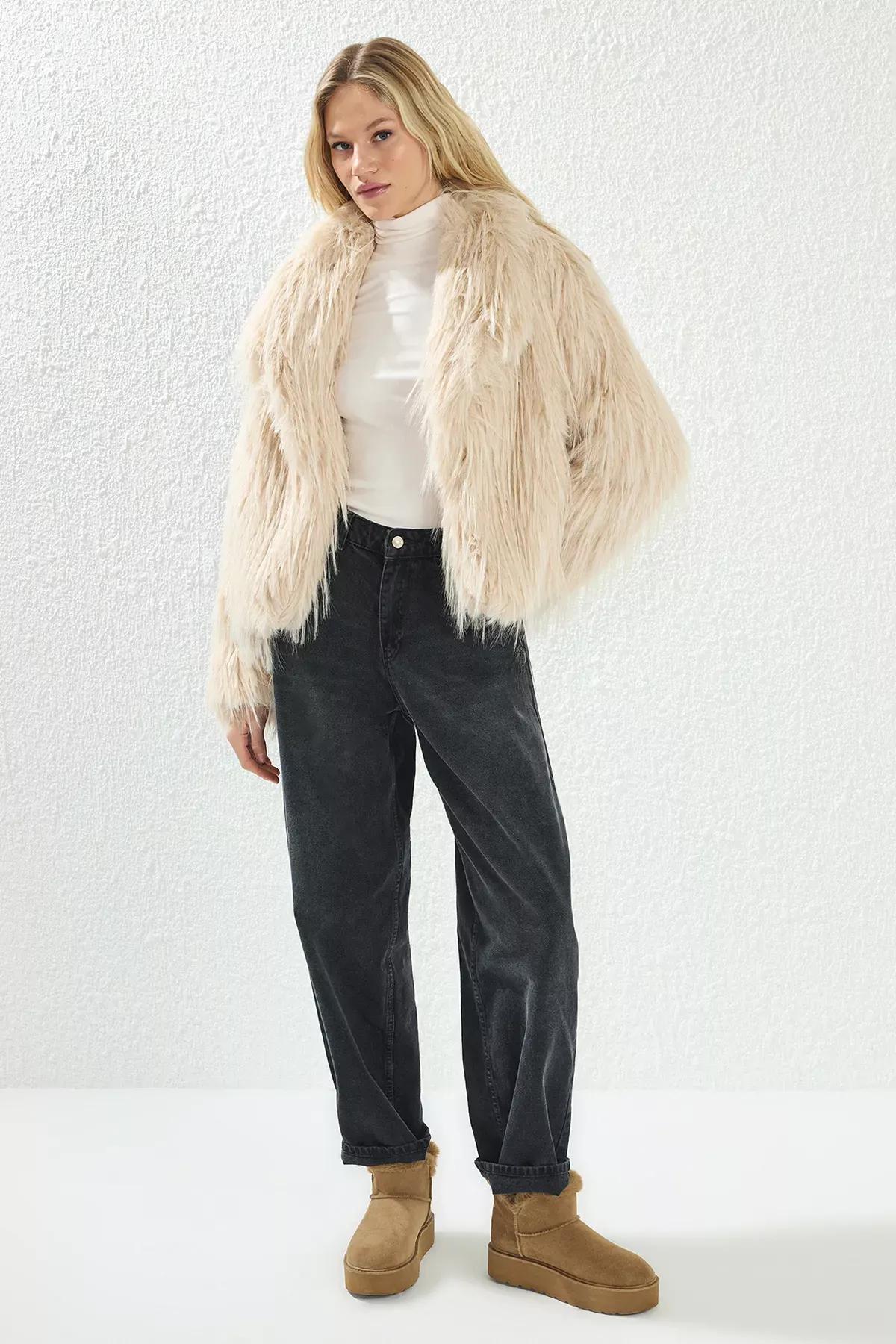 Beige Regular Fit Fur Coat, , large image number 0
