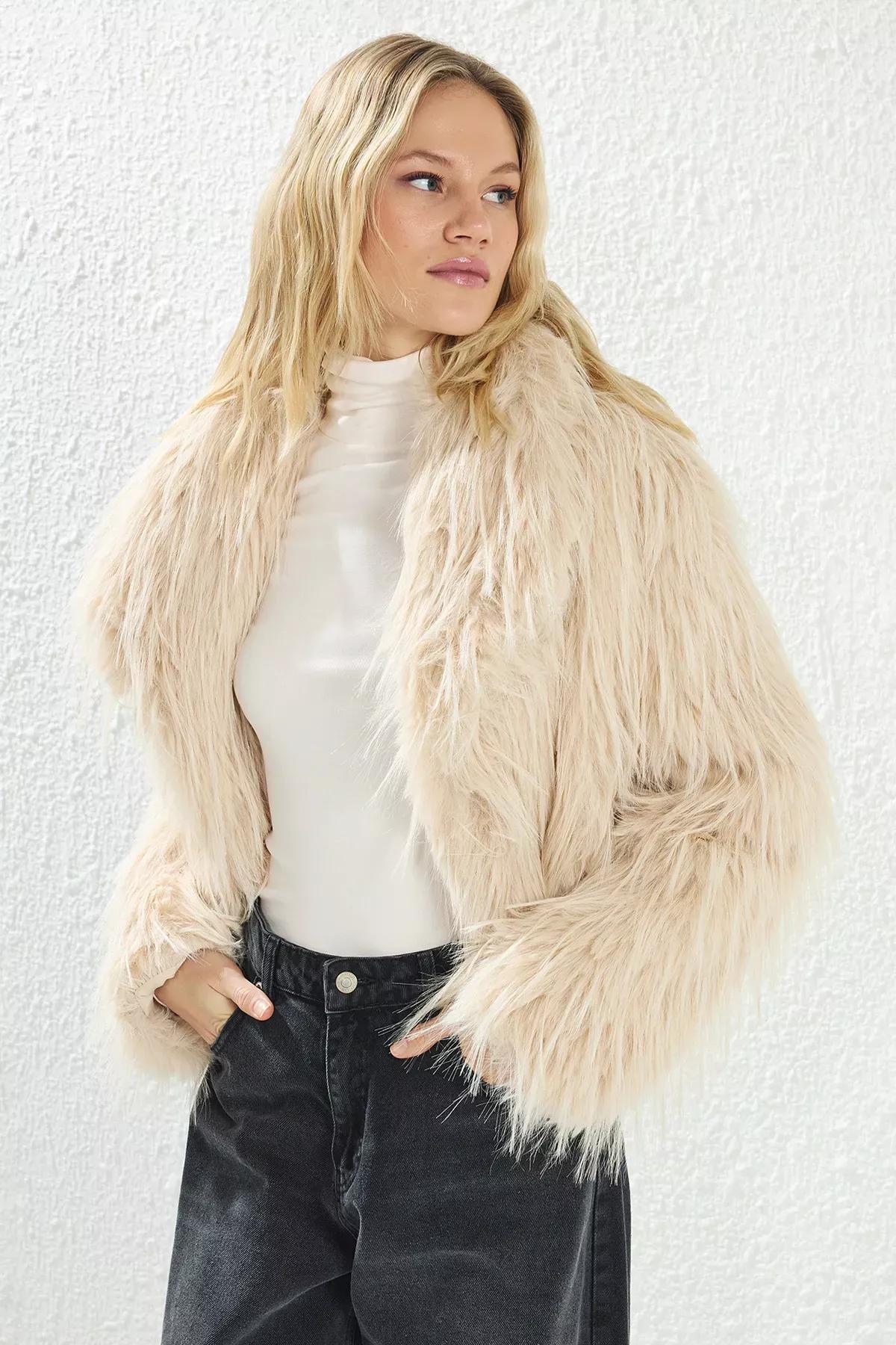 Beige Regular Fit Fur Coat, , large image number 1