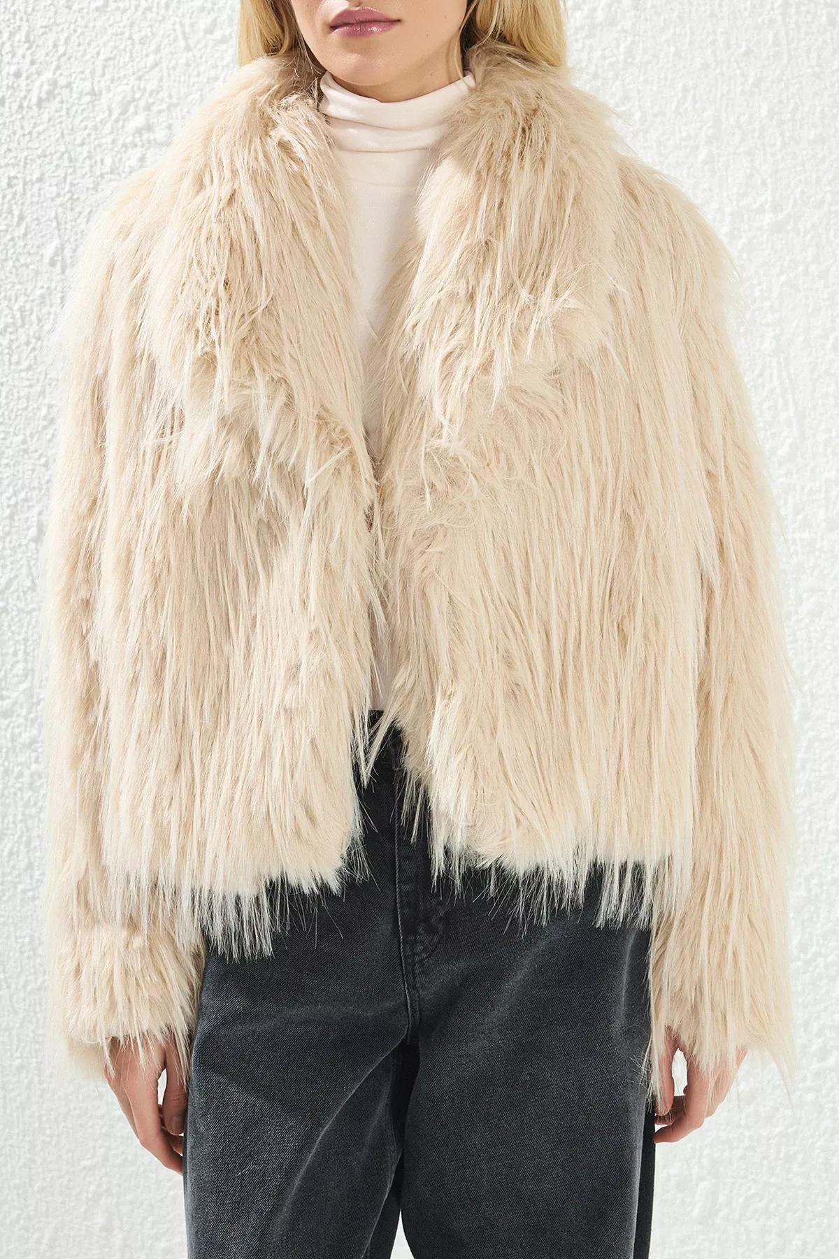 Beige Regular Fit Fur Coat, , large image number 2