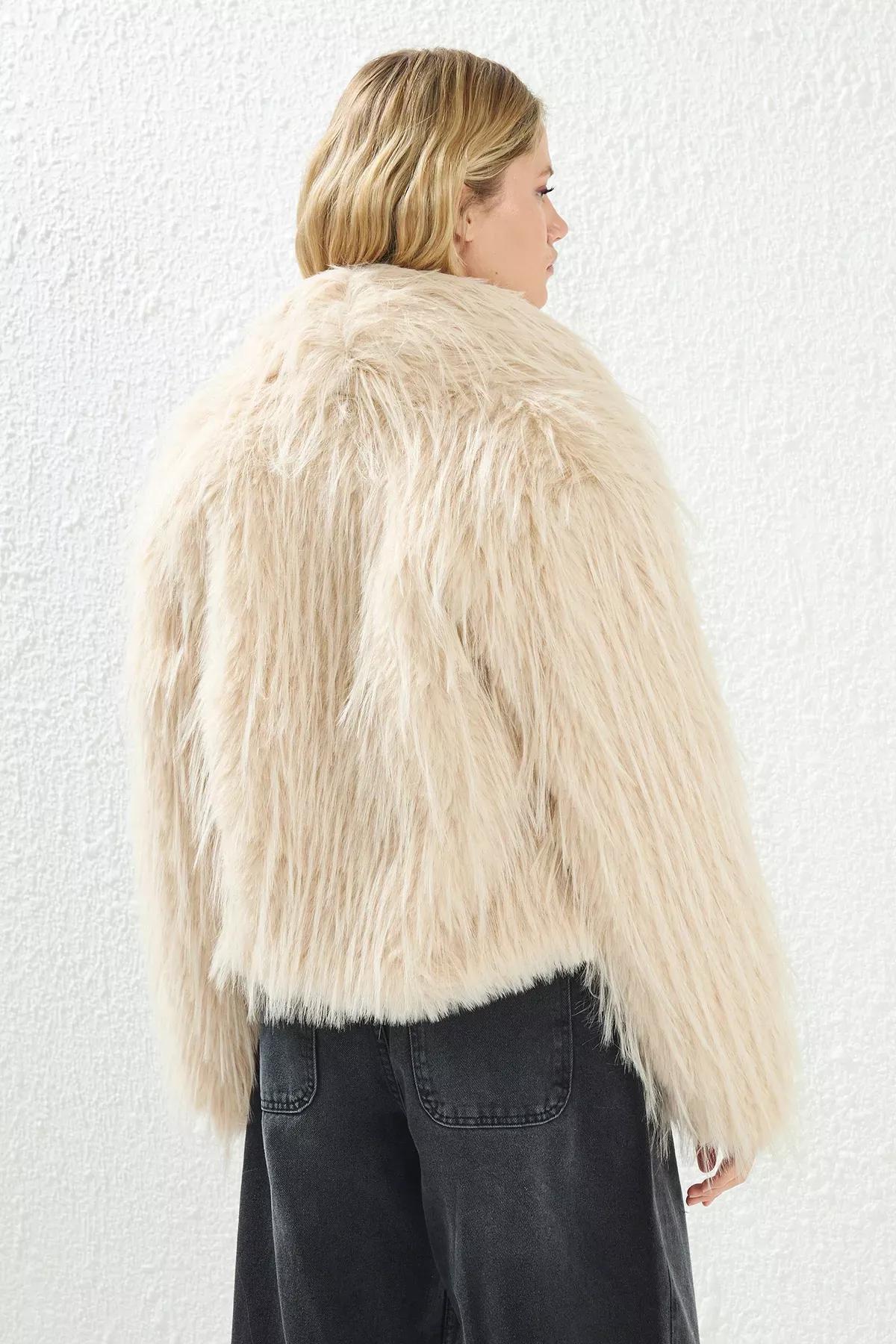 Beige Regular Fit Fur Coat, , large image number 4