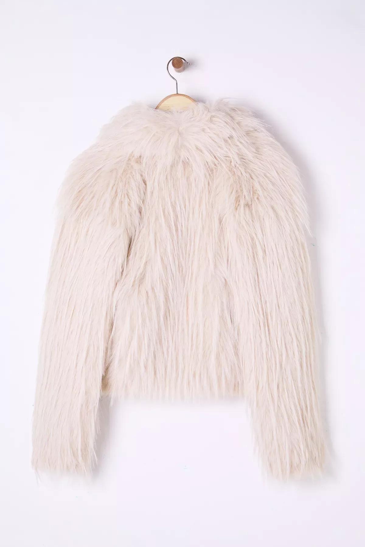 Beige Regular Fit Fur Coat, , large image number 5