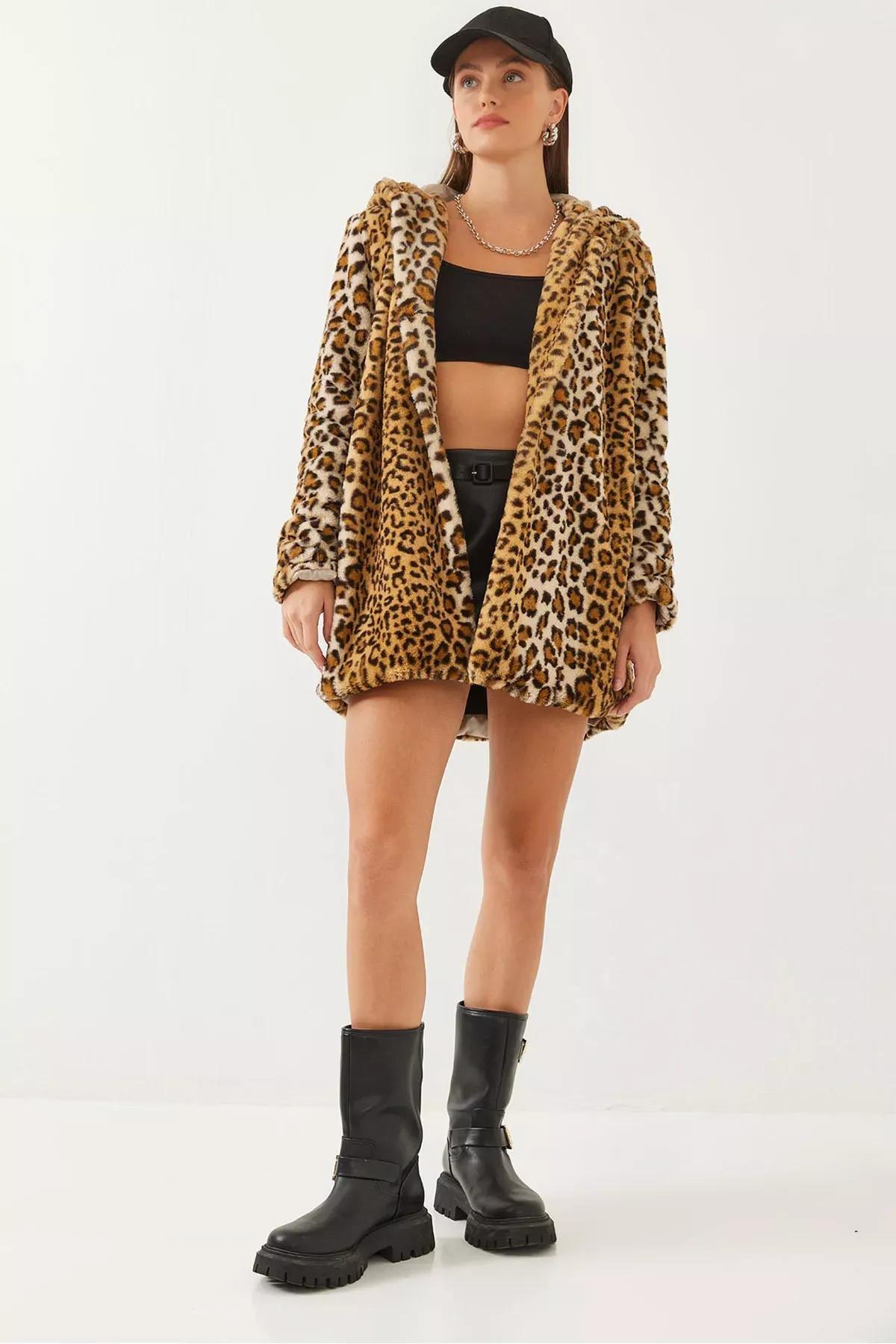 Brown Hooded Leopard Patterned Fur Coat, , large image number 0