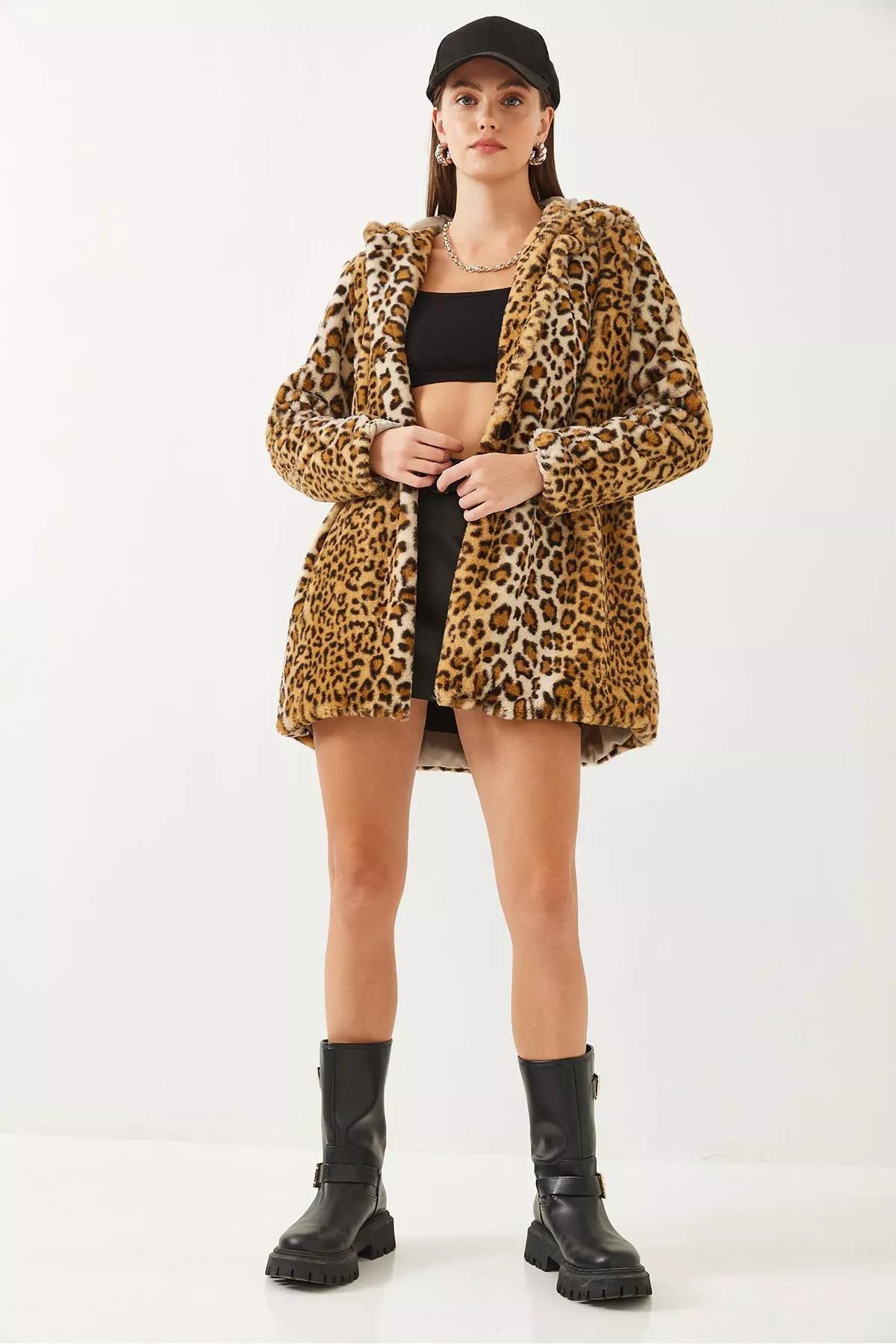 Brown Hooded Leopard Patterned Fur Coat, , large image number 1