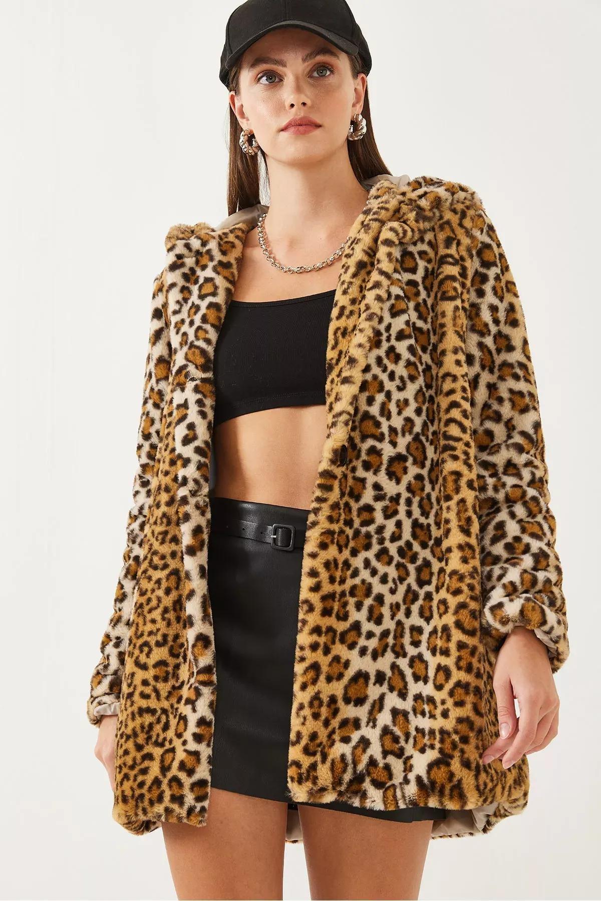 Brown Hooded Leopard Patterned Fur Coat, , large image number 2