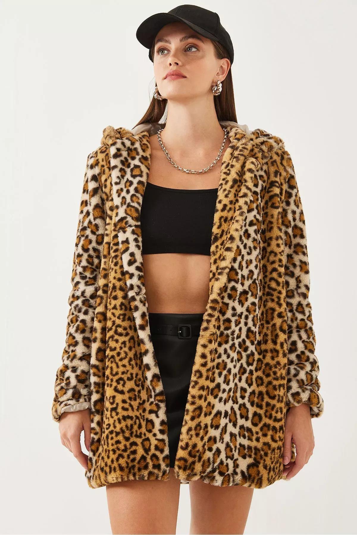 Brown Hooded Leopard Patterned Fur Coat, , large image number 3