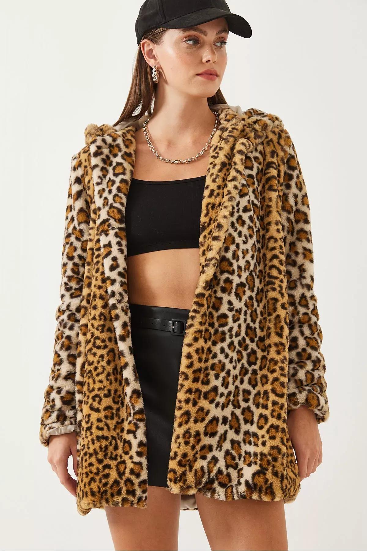 Brown Hooded Leopard Patterned Fur Coat, , large image number 4