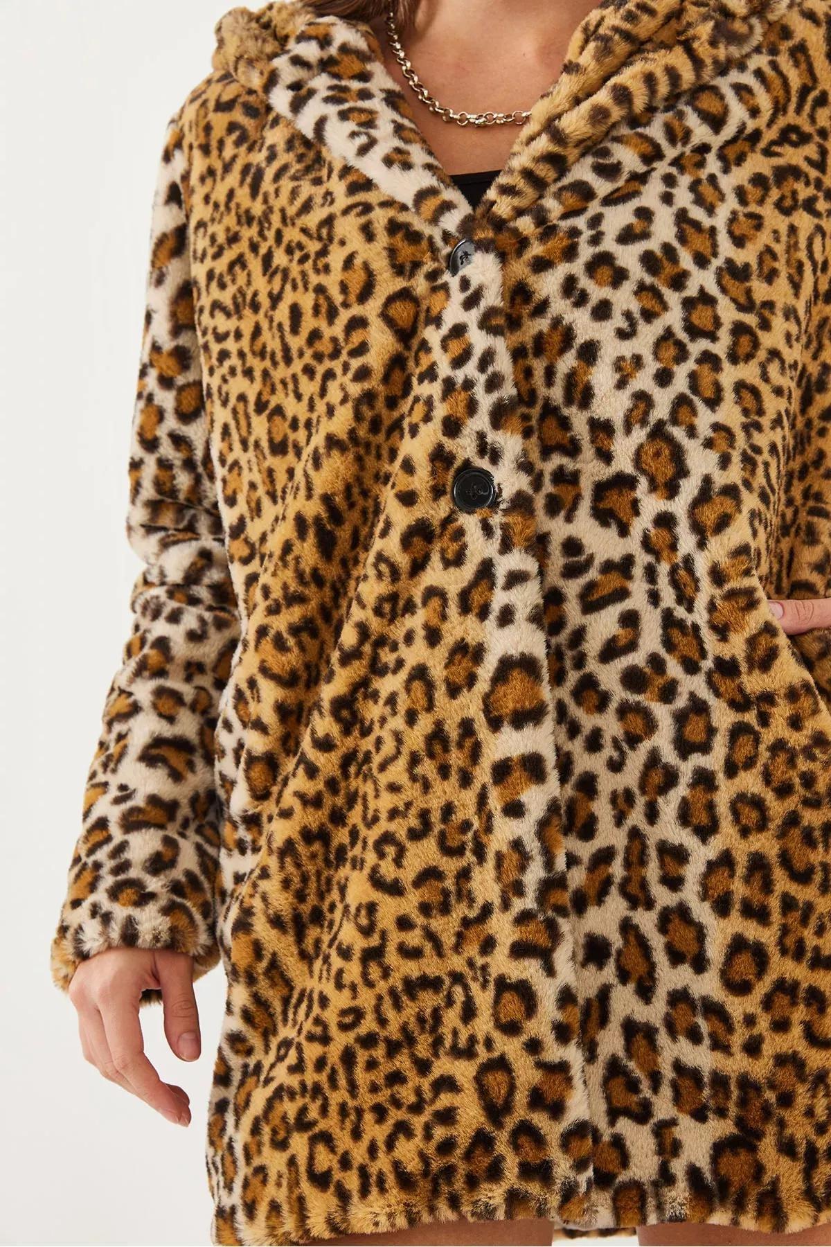 Brown Hooded Leopard Patterned Fur Coat, , large image number 5