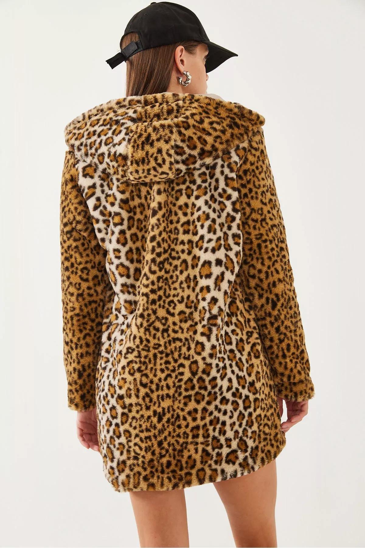 Brown Hooded Leopard Patterned Fur Coat, , large image number 6