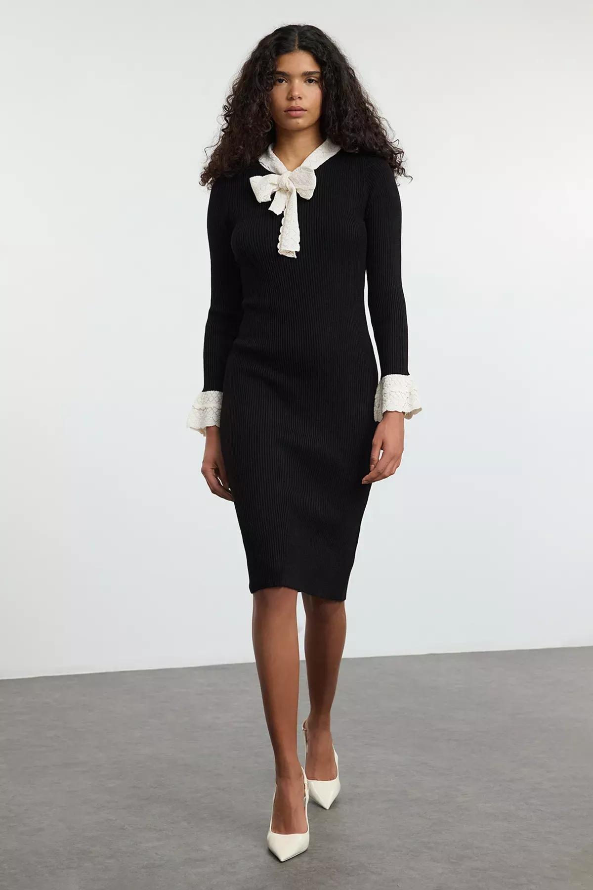 Black Collared Detailed Knitted Dress, BLACK, large image number 0