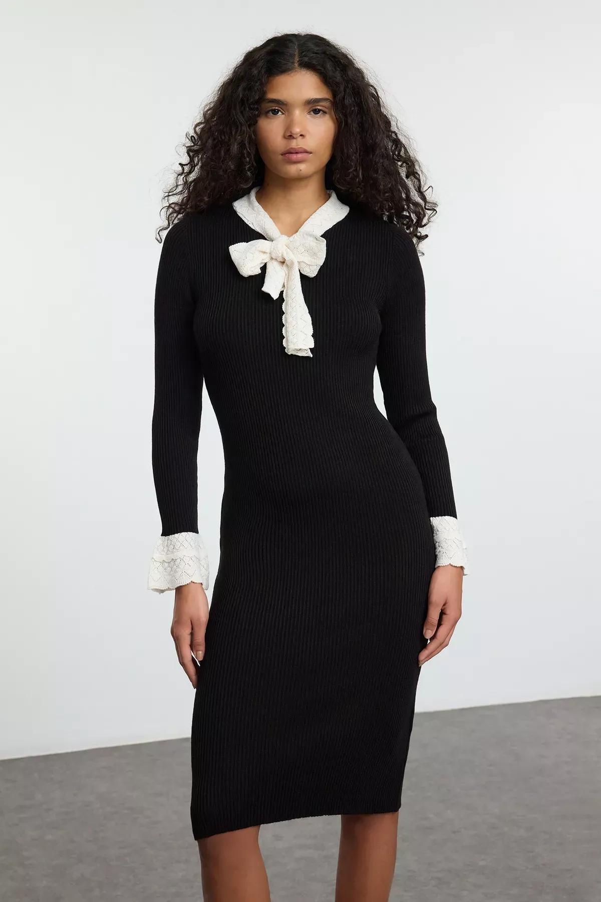 Black Collared Detailed Knitted Dress, BLACK, large image number 2