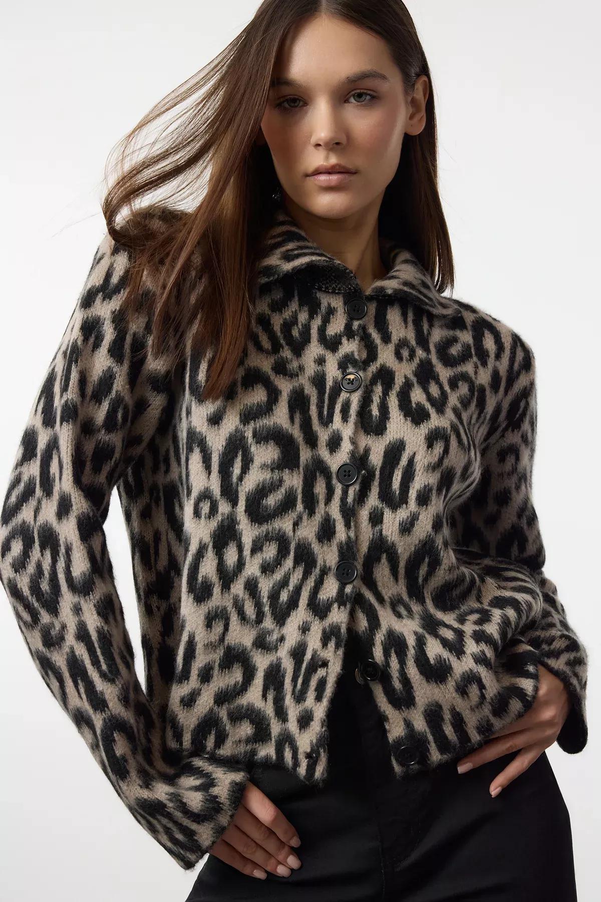 Brown Leopard Patterned Knit Cardigan, , large image number 0