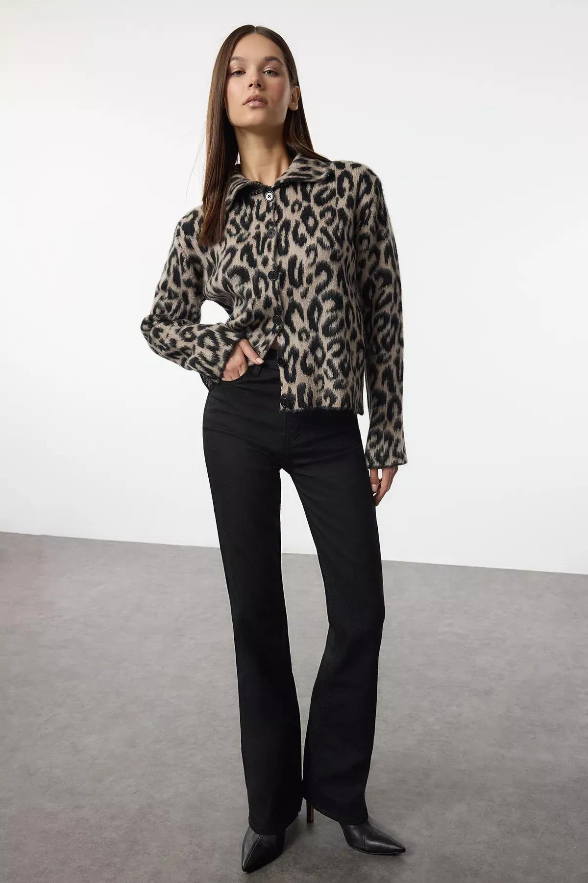 Brown Leopard Patterned Knit Cardigan, , large image number 1