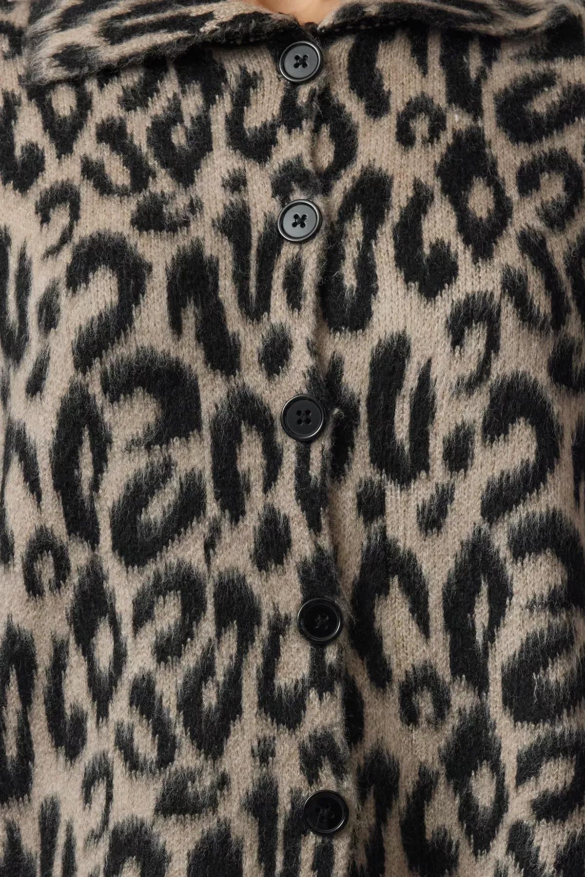 Brown Leopard Patterned Knit Cardigan, , large image number 2