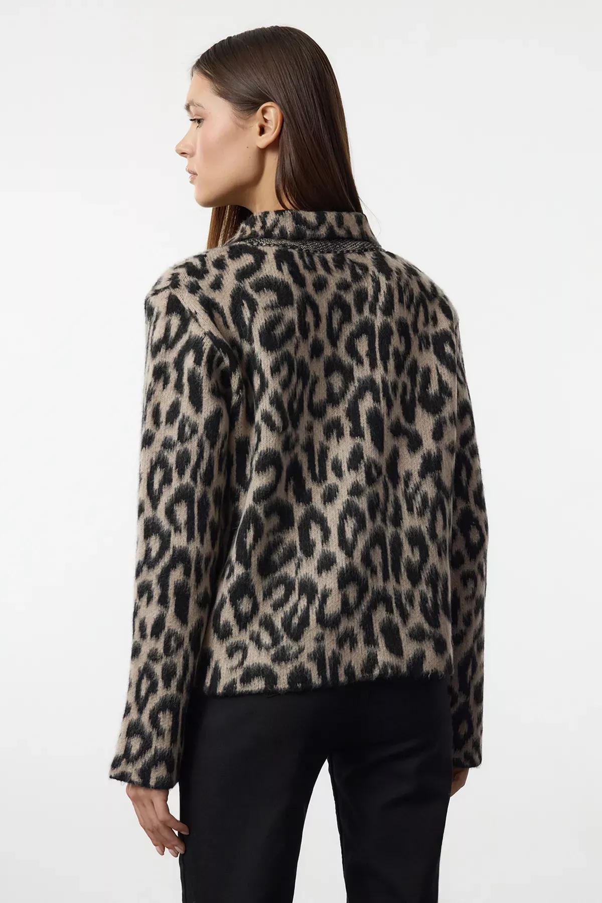 Brown Leopard Patterned Knit Cardigan, , large image number 4