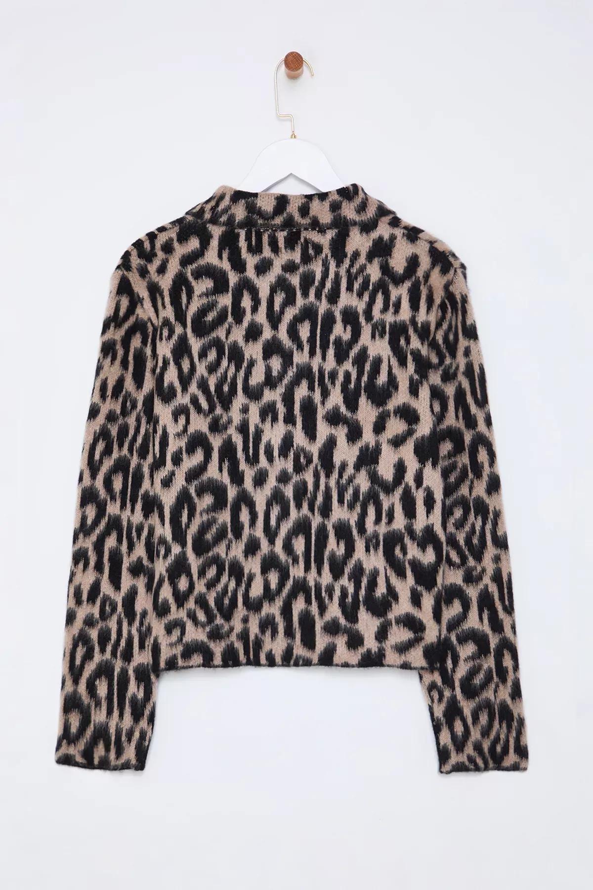 Brown Leopard Patterned Knit Cardigan, , large image number 5