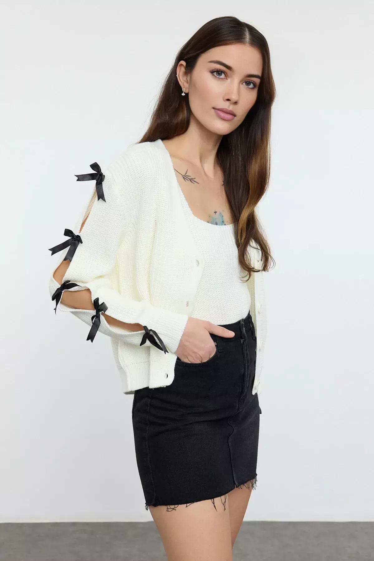 Beige Ribbon Detailed Knit Cardigan, Ecru, large image number 1