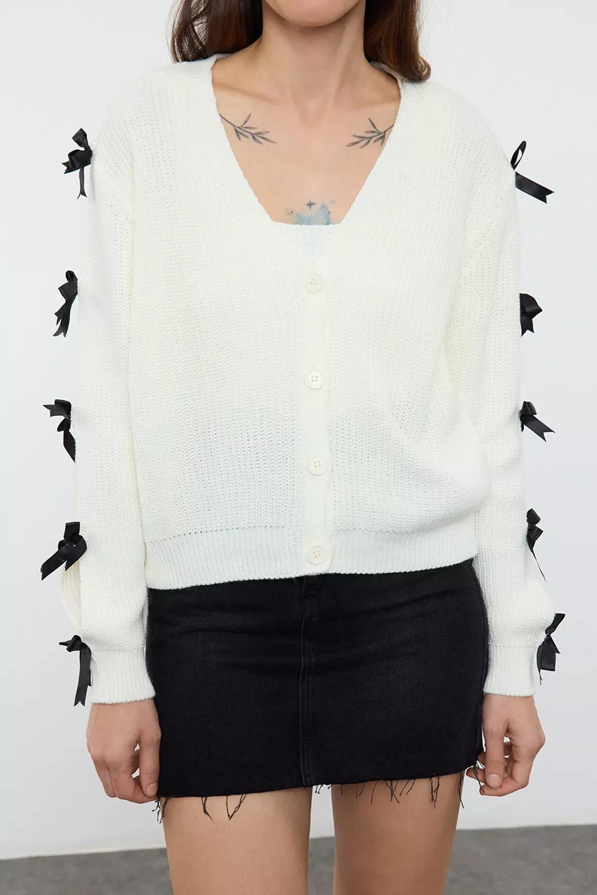Beige Ribbon Detailed Knit Cardigan, Ecru, large image number 2