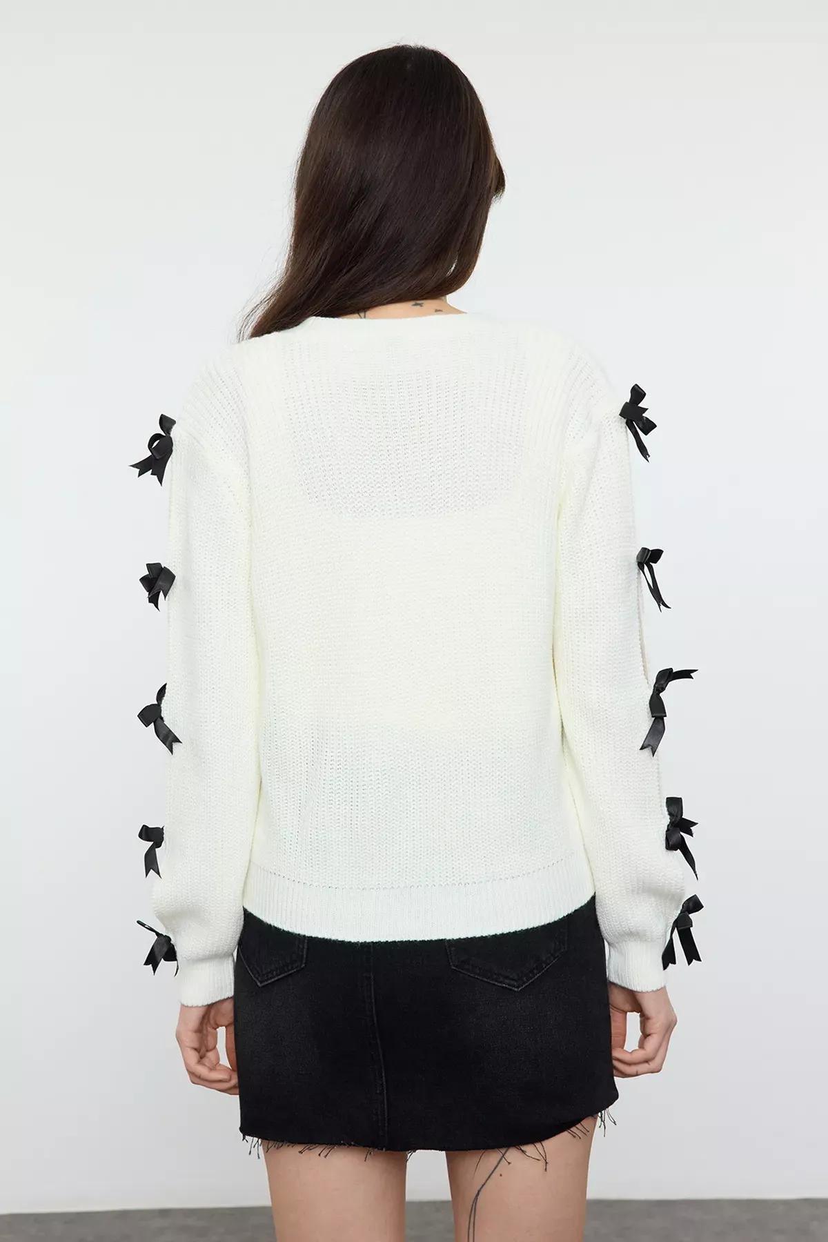 Beige Ribbon Detailed Knit Cardigan, Ecru, large image number 4