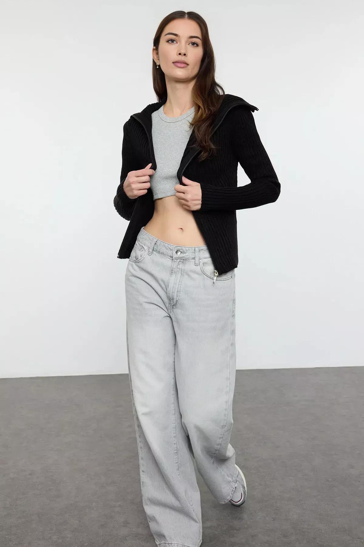 Black Zippered Knitted Cardigan, , large image number 1